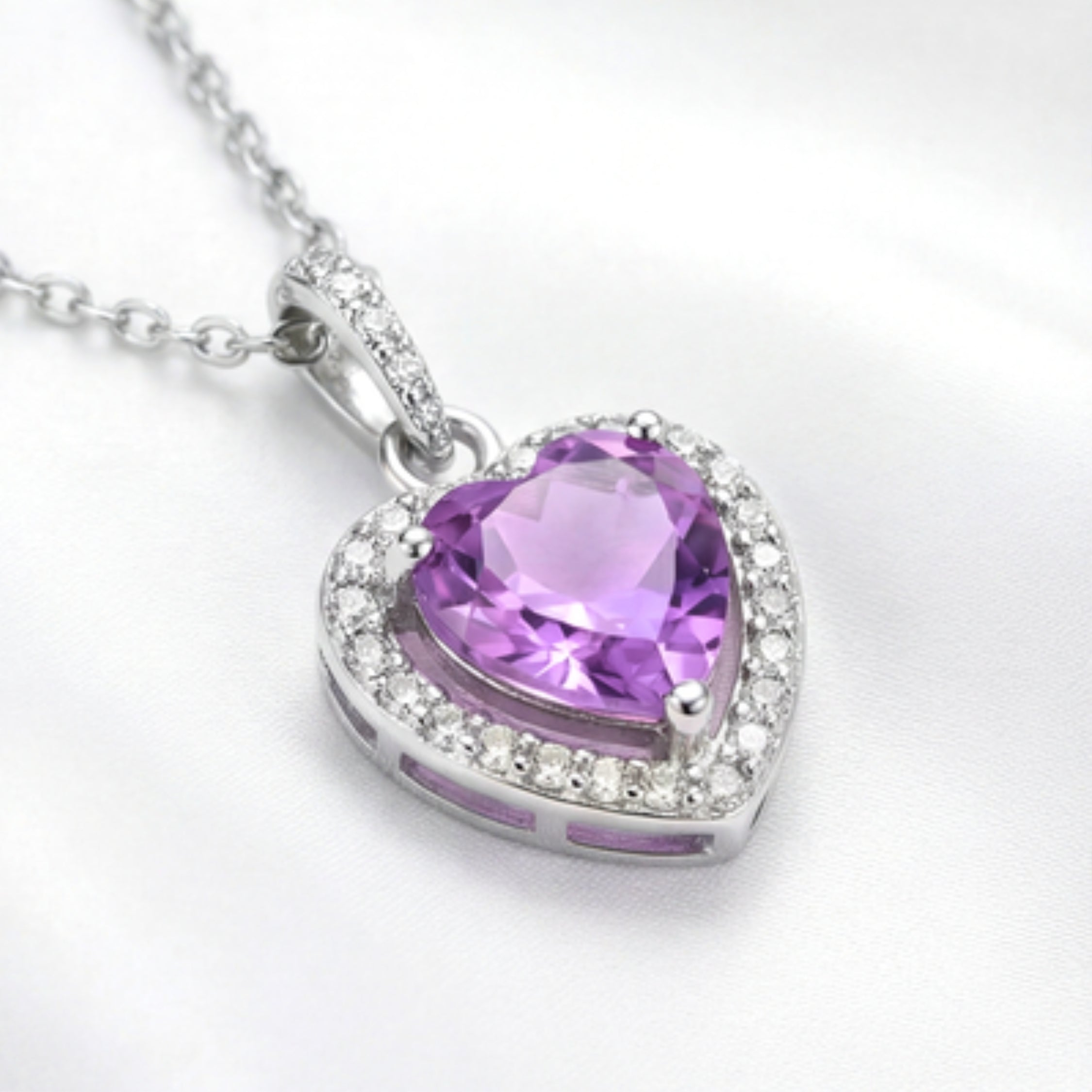 February Heart Cut Birthstone Halo Pendant Necklace - Sterling Silver with Amethyst-Tone Zircon