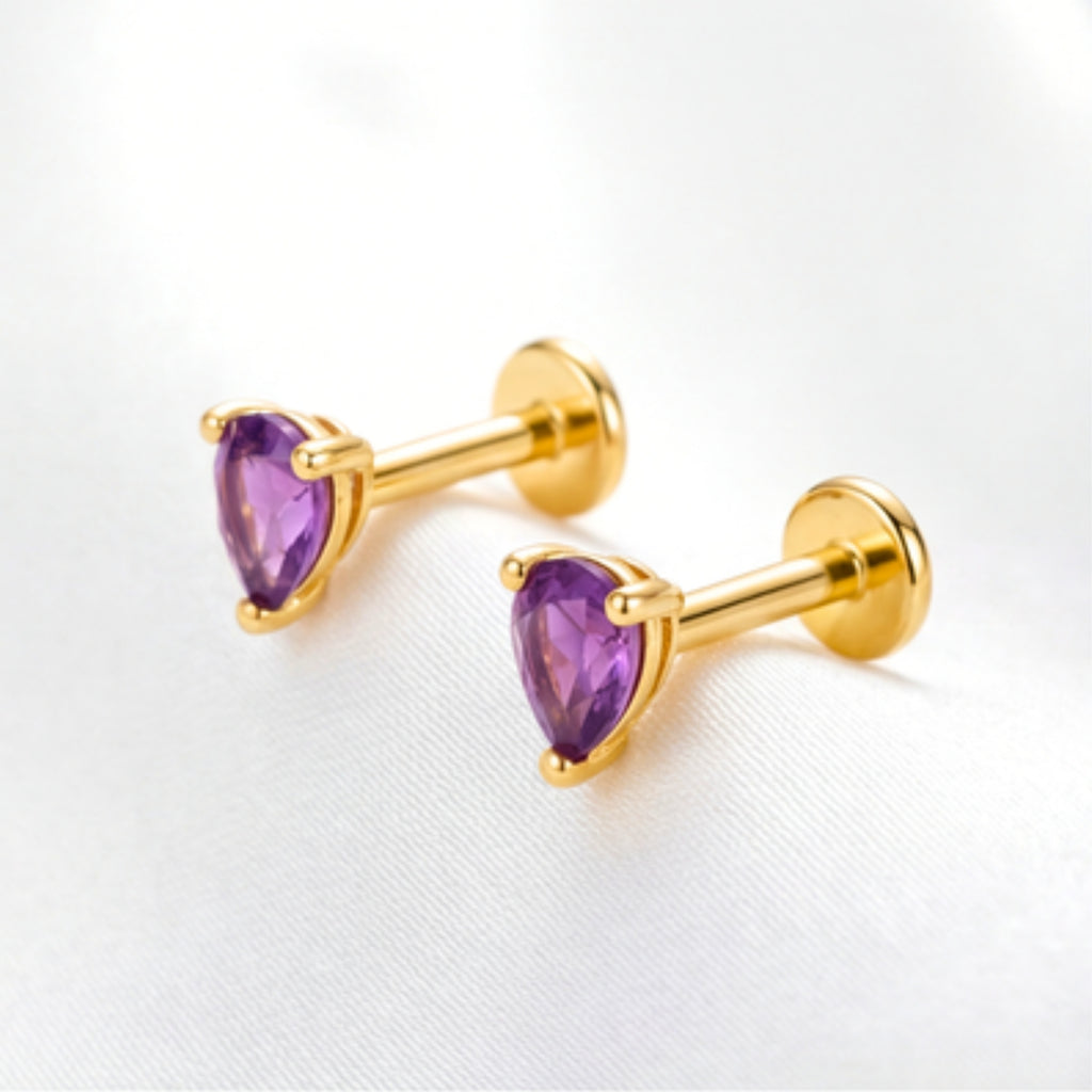 February Pear Cut Birthstone Stud Earrings - Gold Plated Sterling Silver with Amethyst-Tone Zircon
