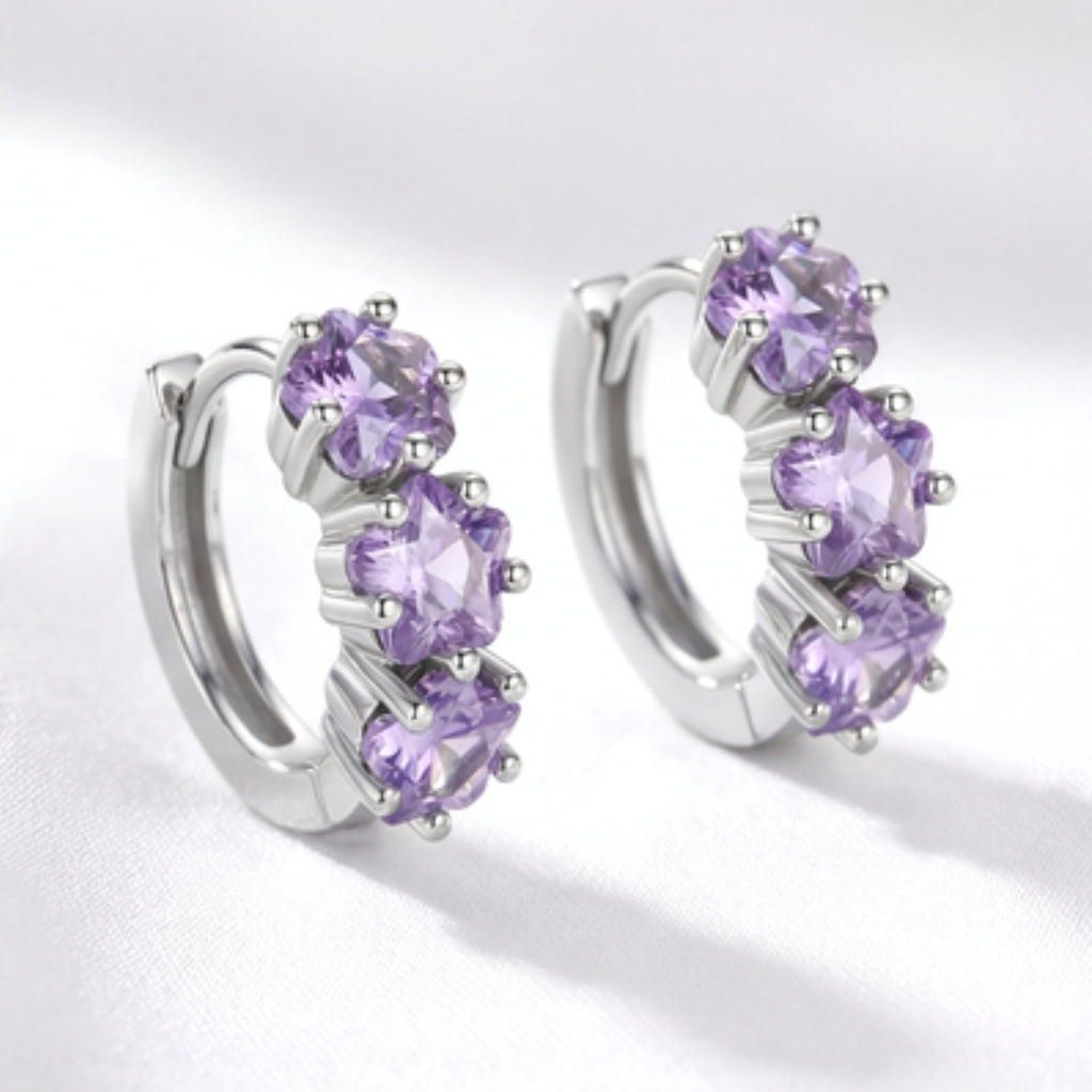 February Star Birthstone Huggie Hoop Earrings - Sterling Silver with Amethyst-Tone Zircon