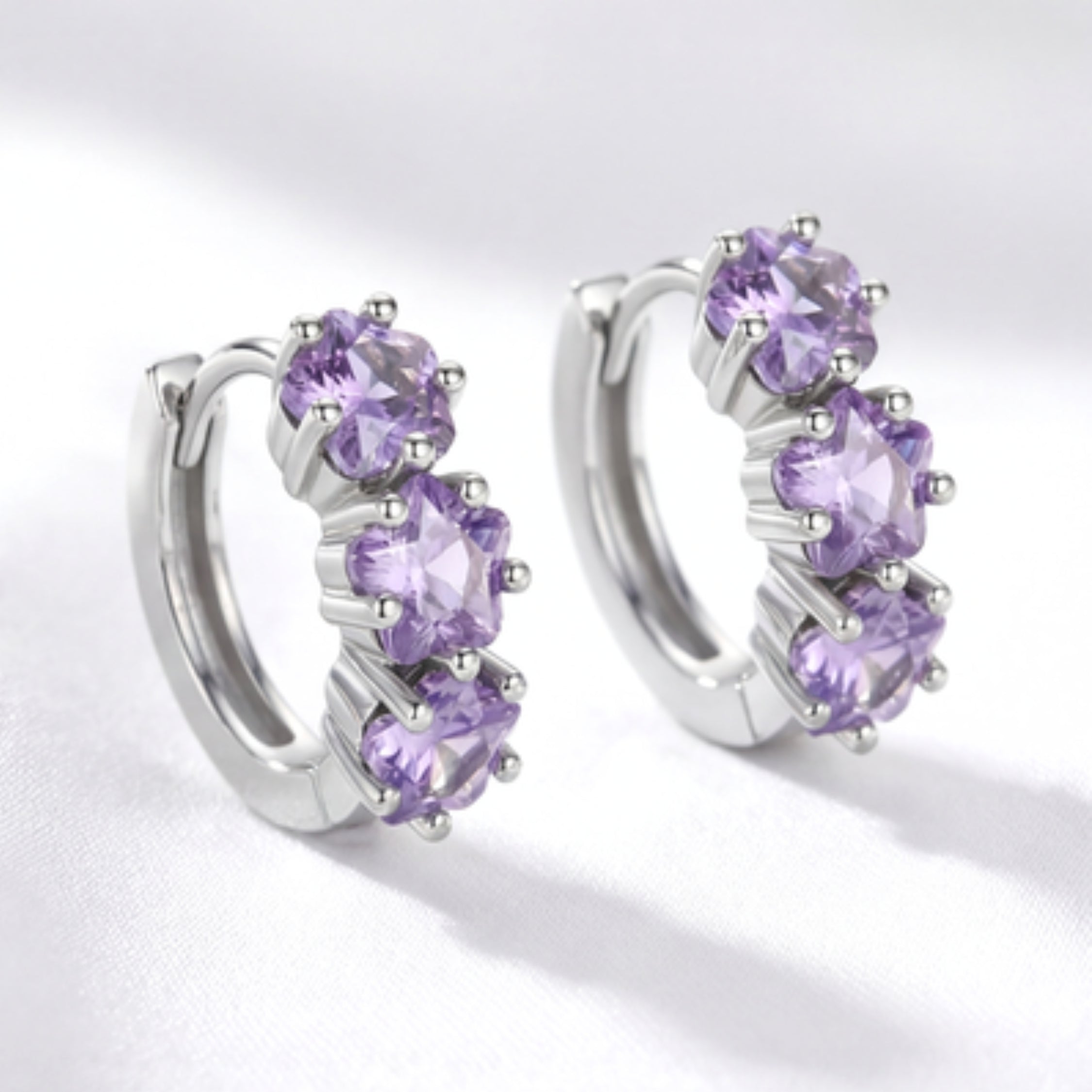 February Star Birthstone Huggie Hoop Earrings - Sterling Silver with Amethyst-Tone Zircon