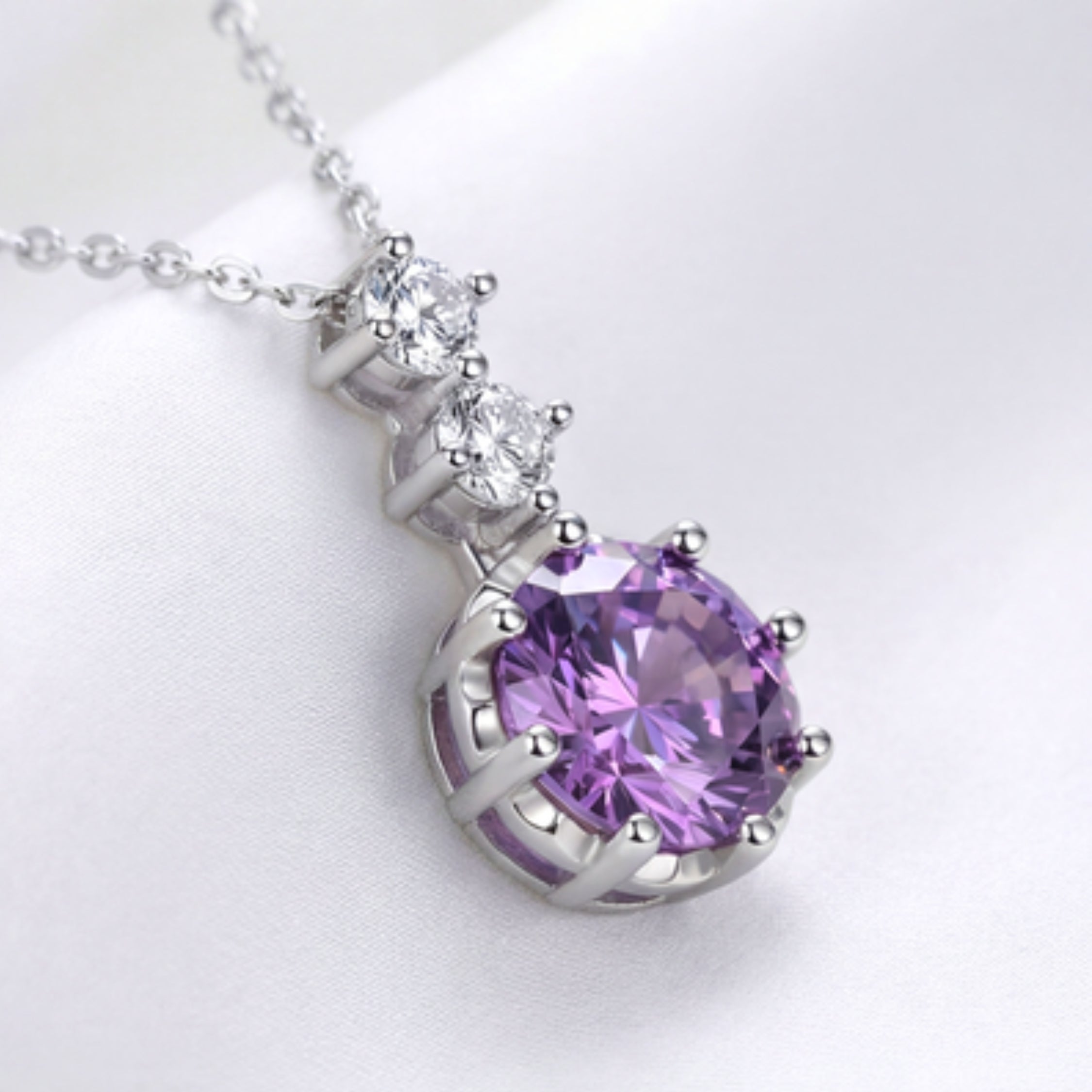 February Round Cut Birthstone Drop Pendant Necklace - Sterling Silver with Amethyst-Tone Zircon
