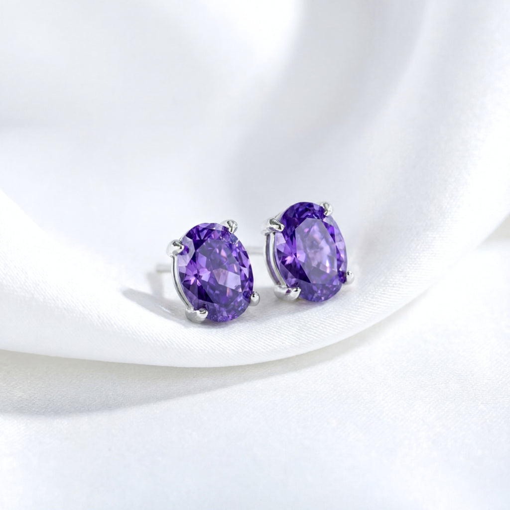 February Oval Cut Birthstone Solitaire Stud Earrings - Sterling Silver with Amethyst-Tone Zircon