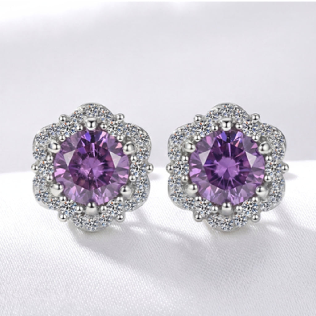 February Birthstone Floral Halo Stud Earrings - Sterling Silver with Amethyst-Tone Zircon