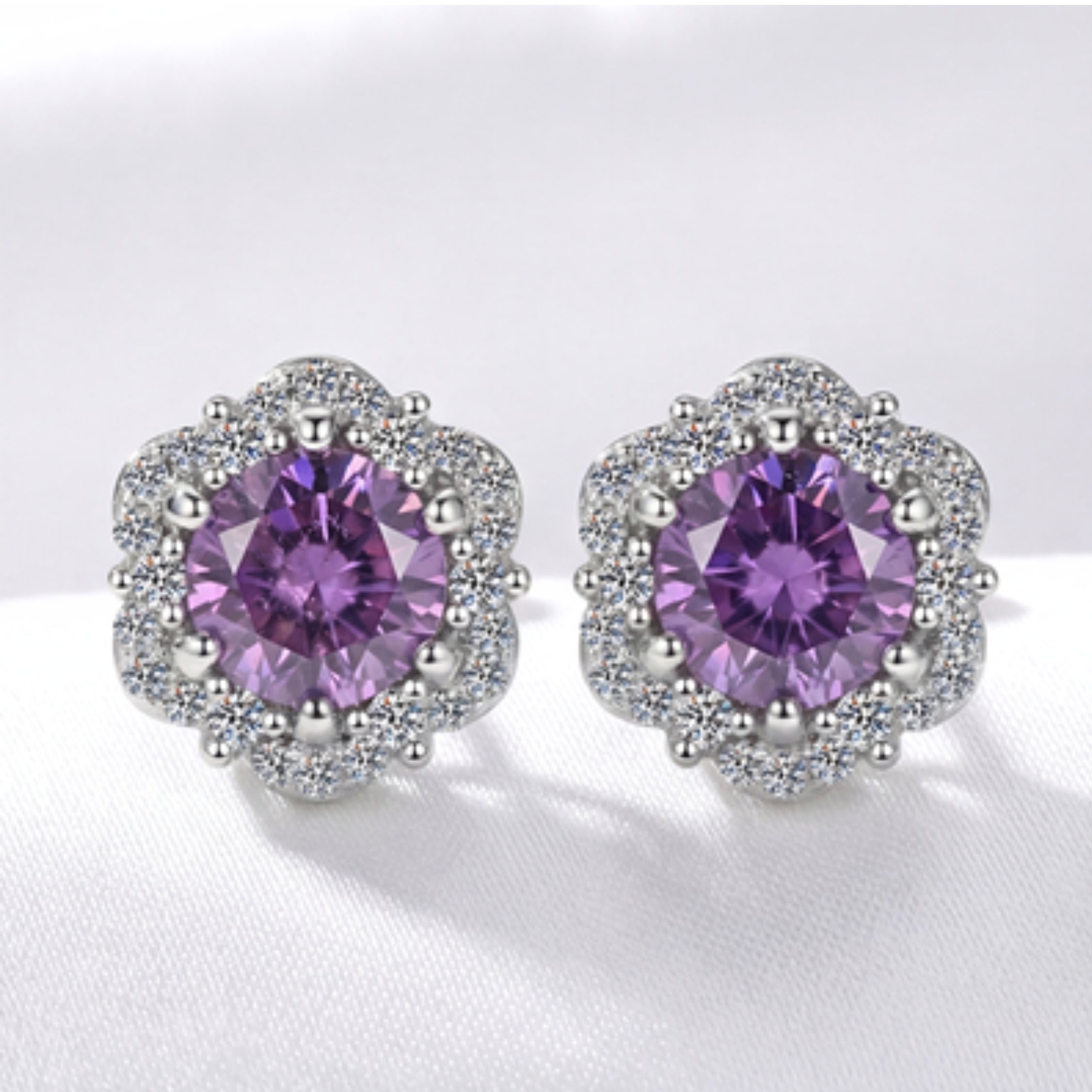 February Birthstone Floral Halo Stud Earrings - Sterling Silver with Amethyst-Tone Zircon