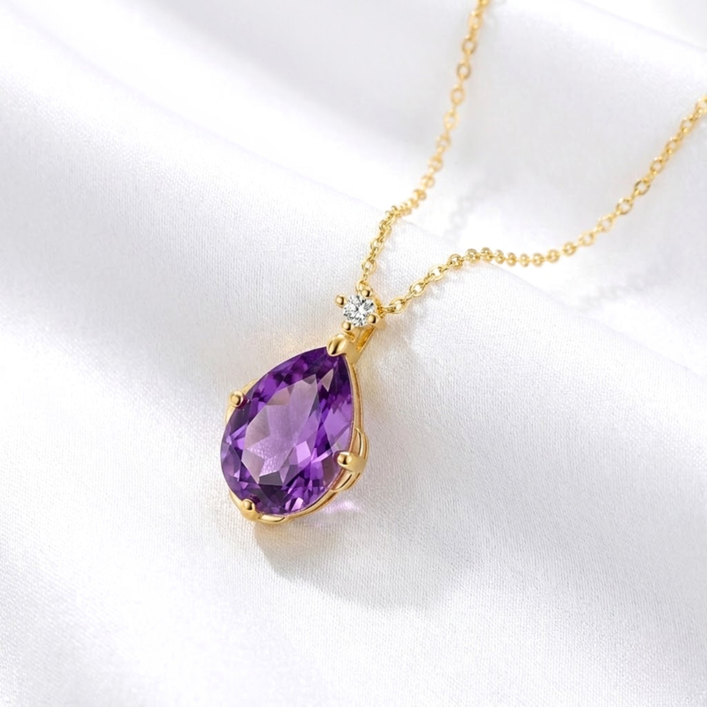 February Pear Cut Birthstone Pendant Necklace - Gold Plated Sterling Silver with Amethyst-Tone Zircon