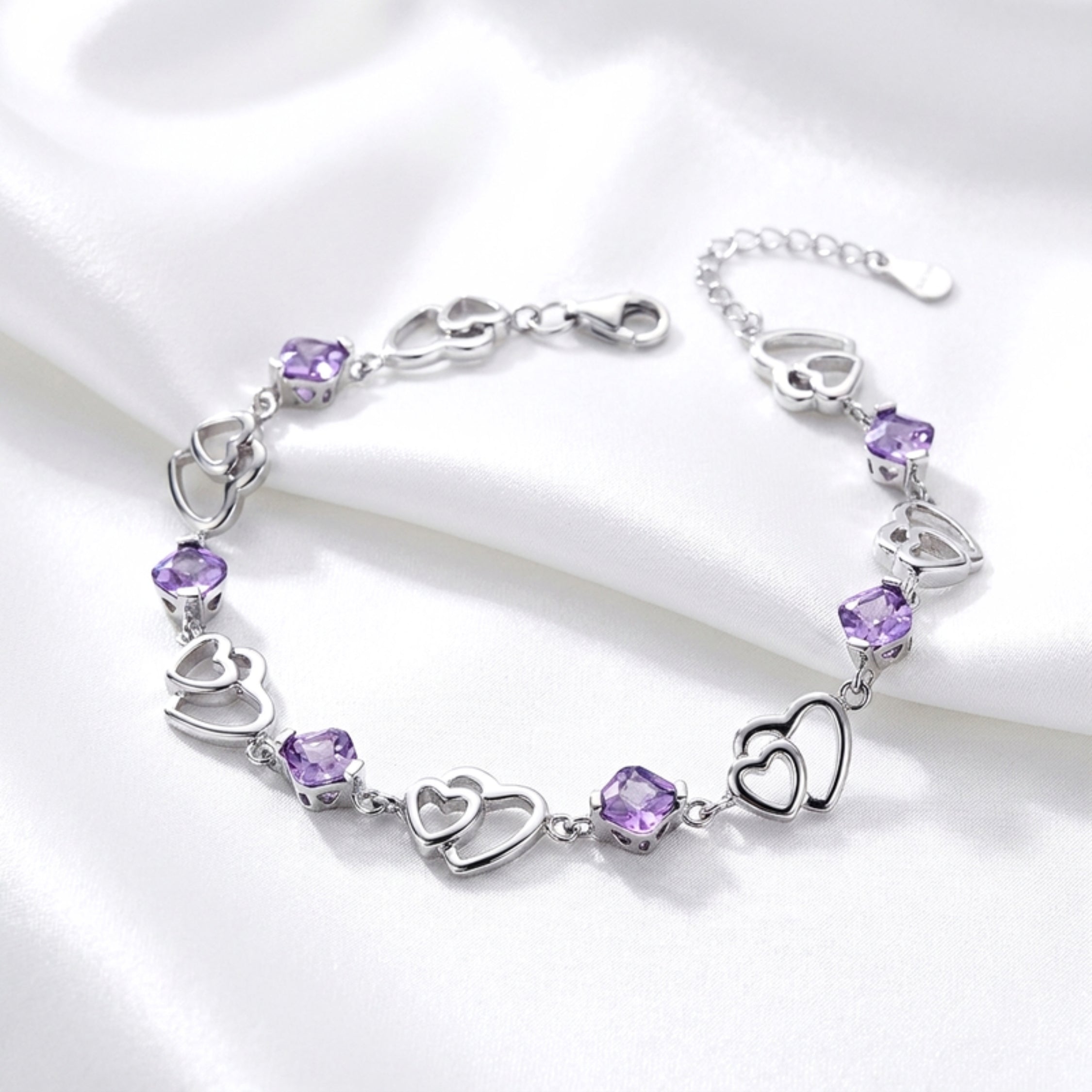 February Cushion Cut Birthstone Heart Link Bracelet - Sterling Silver with Amethyst-Tone Zircon