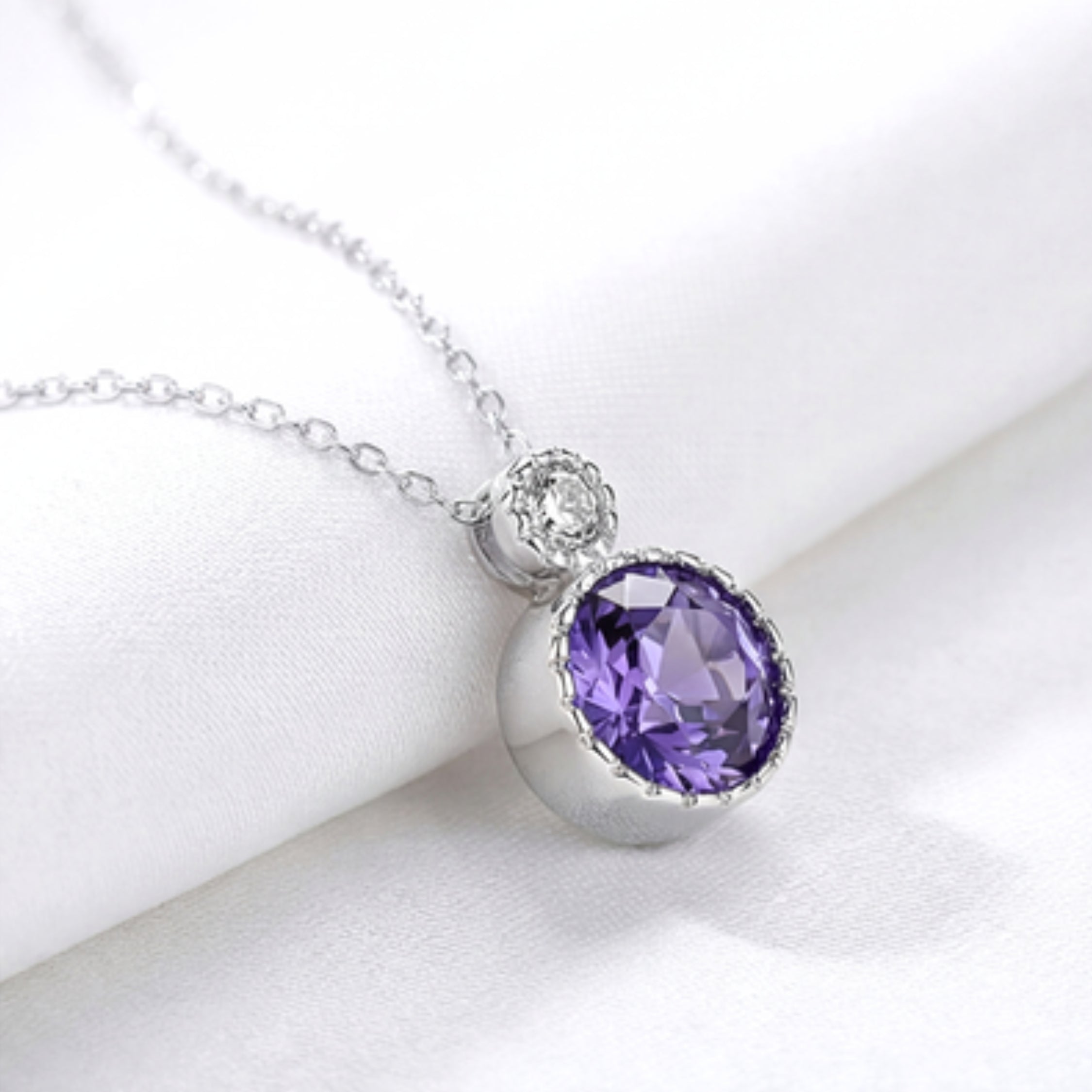 February Round Cut Birthstone Pendant Necklace - Sterling Silver with Amethyst-Tone Zircon