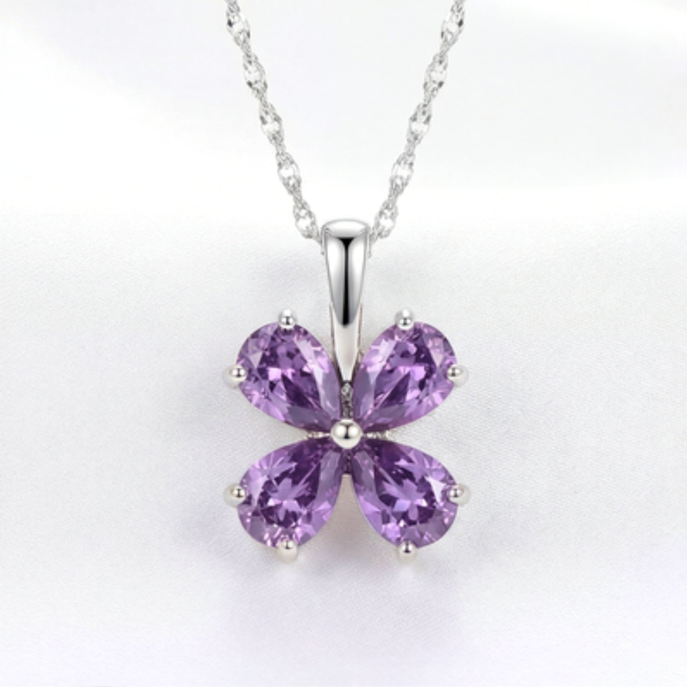 February Pear Cut Birthstone Clover Pendant Necklace - Sterling Silver with Amethyst-Tone Zircon