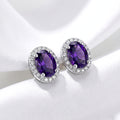 February Oval Cut Birthstone Halo Stud Earrings - Sterling Silver with Amethyst-Tone Zircon