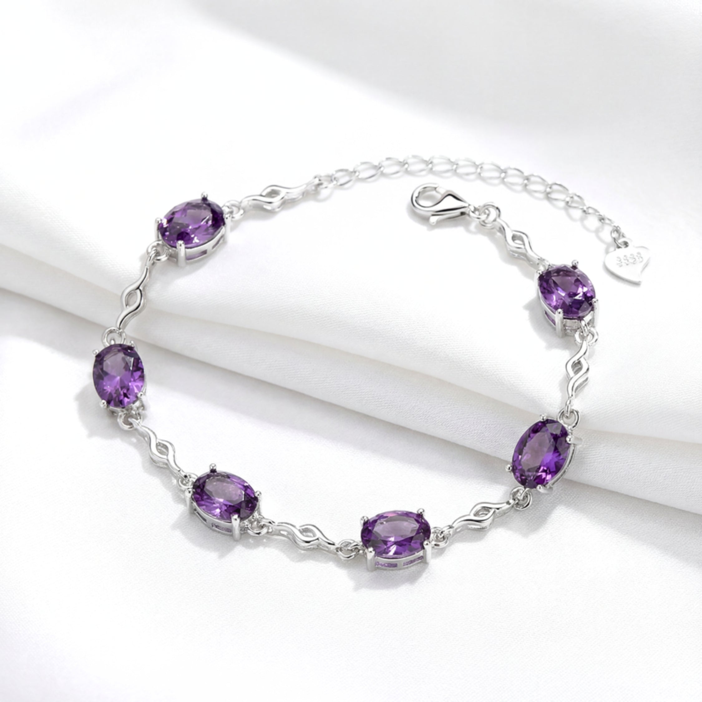 February Oval Cut Birthstone Link Bracelet - Sterling Silver with Amethyst-Tone Zircon