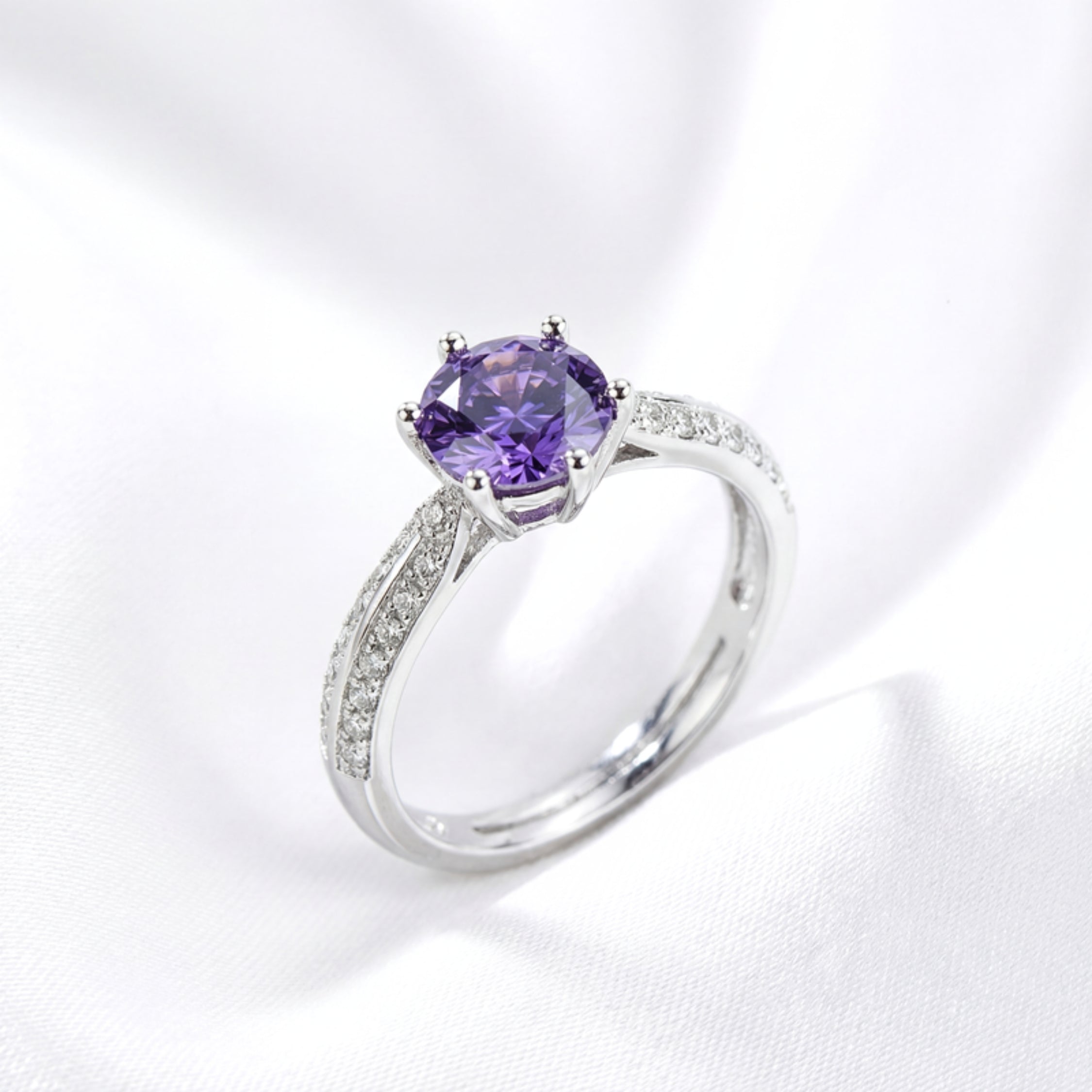 February Round Cut Birthstone Eternity Ring - Sterling Silver with Amethyst-Tone Zircon