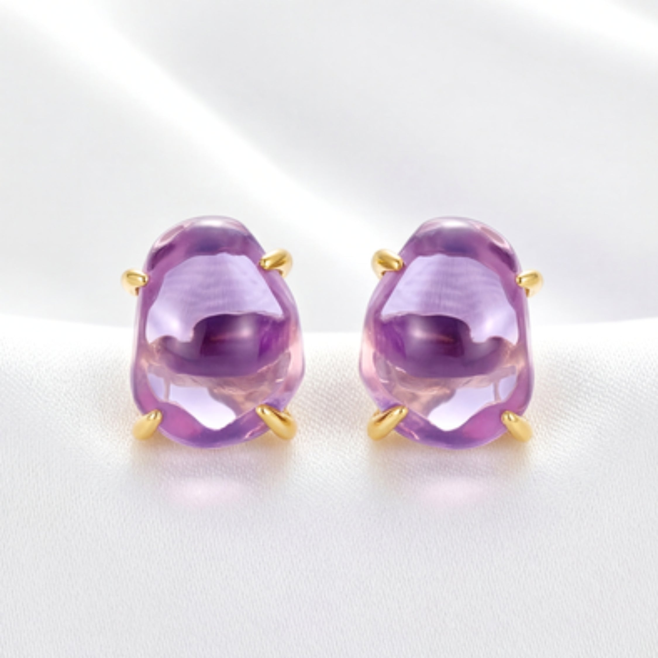 February Birthstone Stud Earrings - Gold Plated Sterling Silver with Amethyst-Tone Zircon