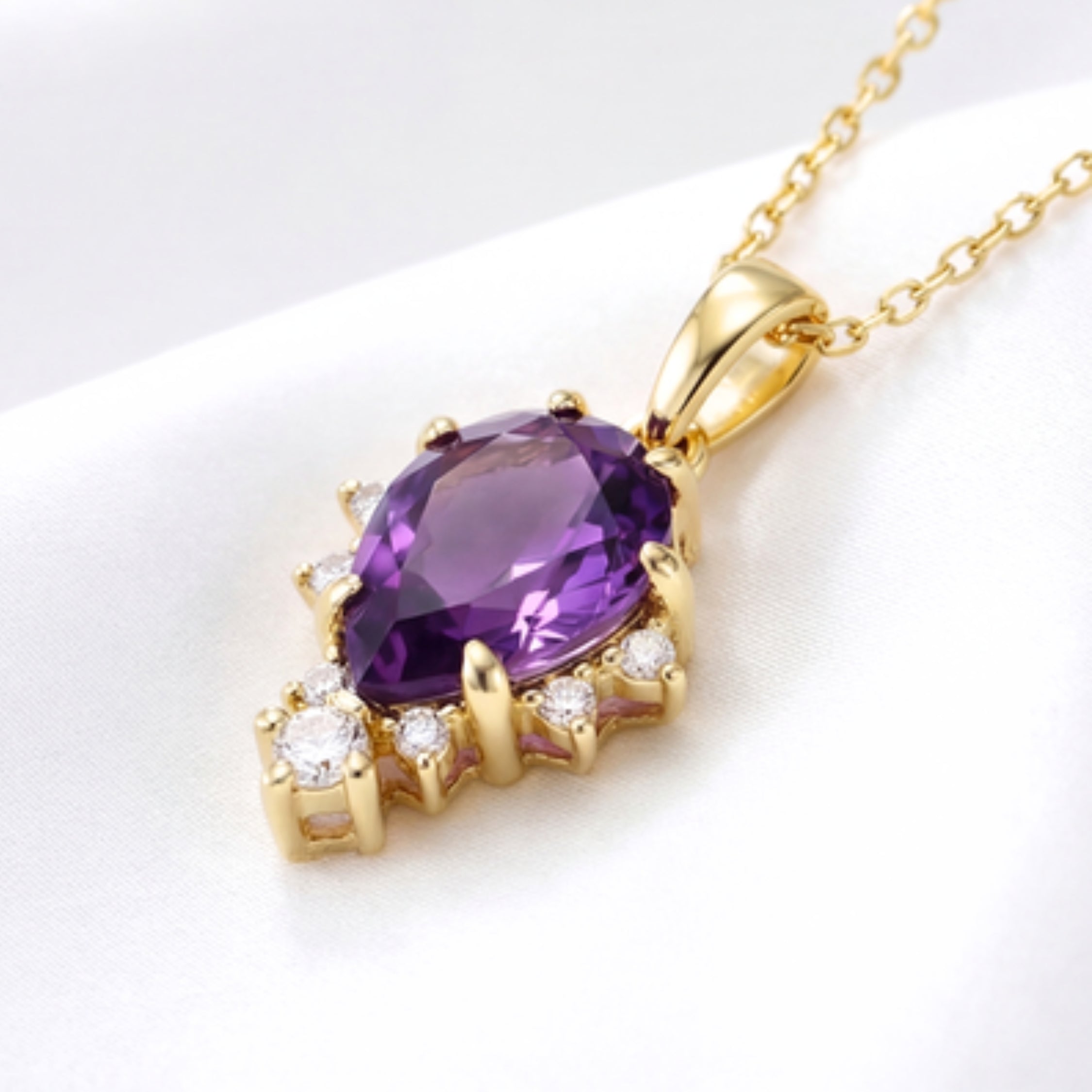 February Pear Cut Birthstone Pendant Necklace - Gold Plated Sterling Silver with Amethyst-Tone Zircon
