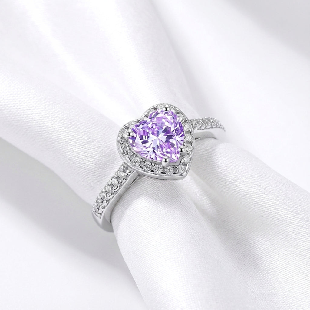 February Heart Cut Birthstone Halo Ring - Sterling Silver with Amethyst-Tone Zircon