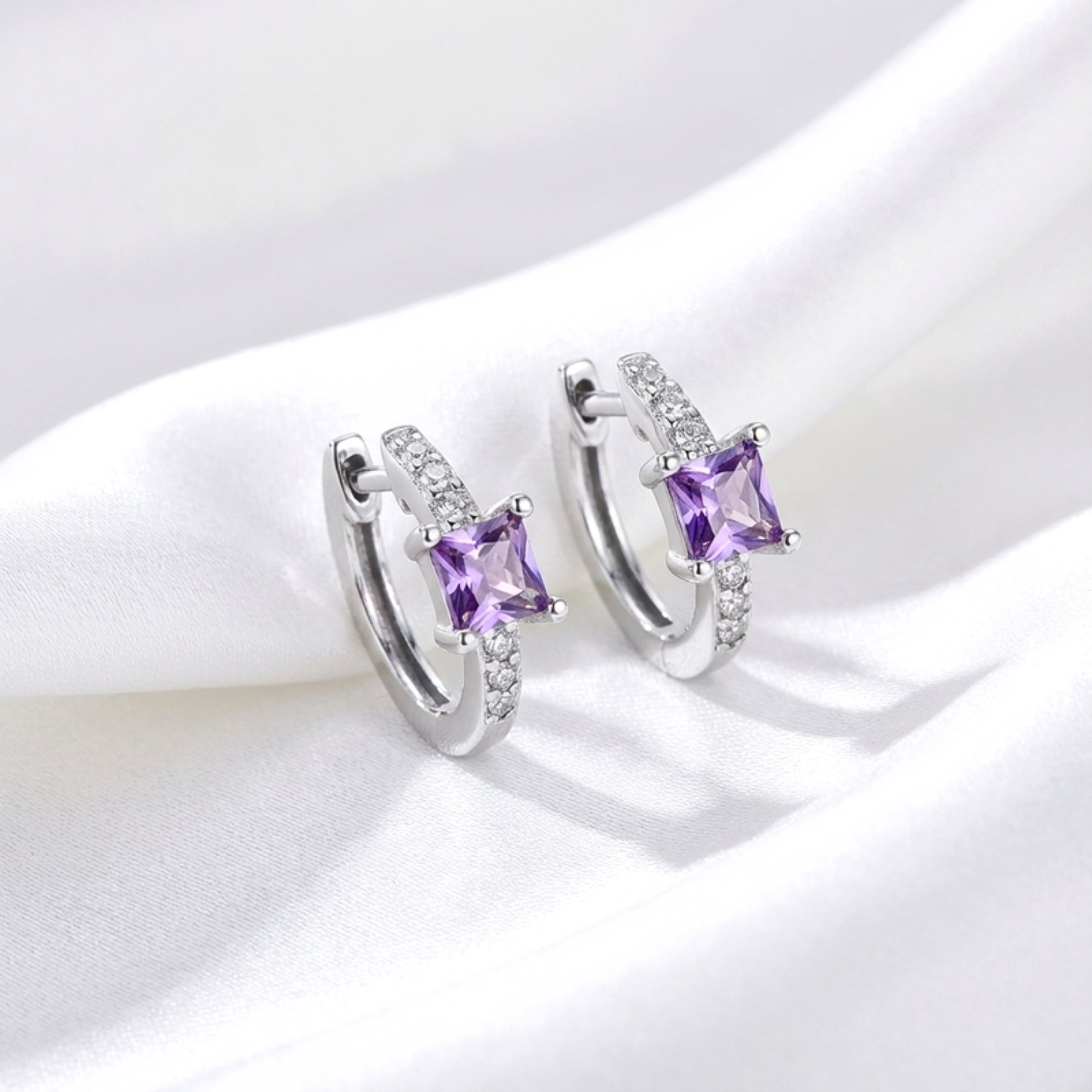 February Princess Cut Birthstone Hoop Earrings - Sterling Silver with Amethyst-Tone Zircon
