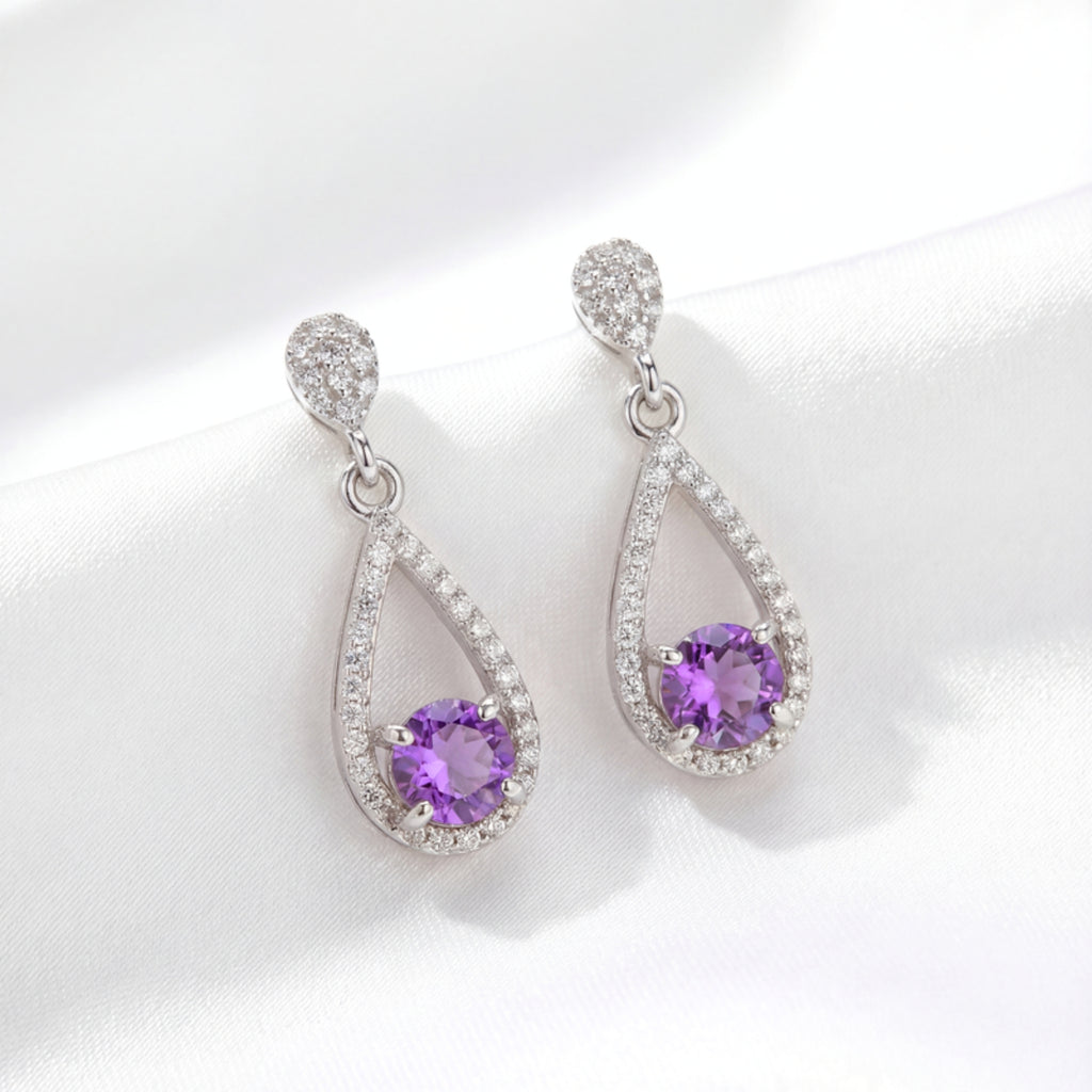 Pear Cut Birthstone Halo Drop Earrings - Sterling Silver with Zircon