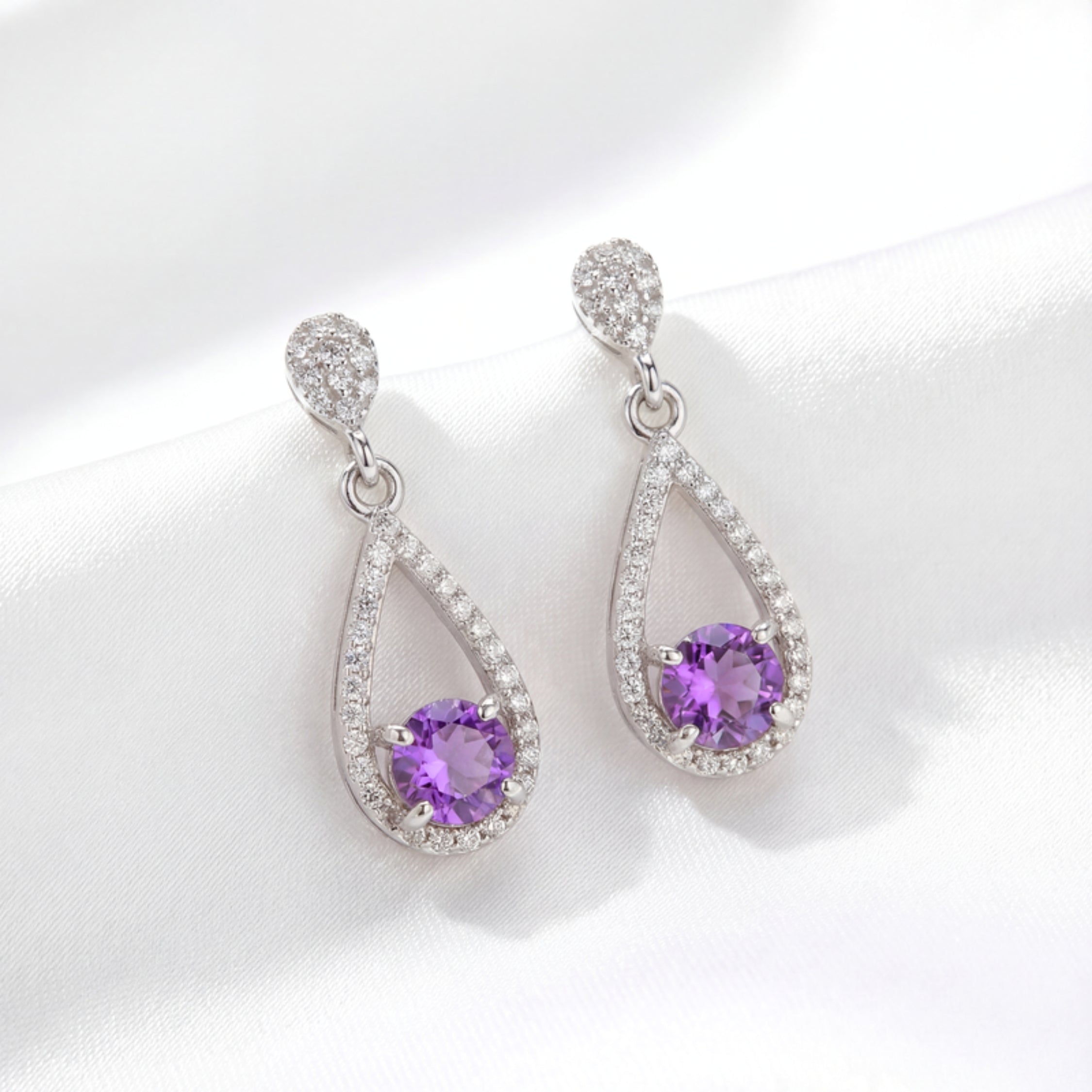 Pear Cut Birthstone Halo Drop Earrings - Sterling Silver with Zircon