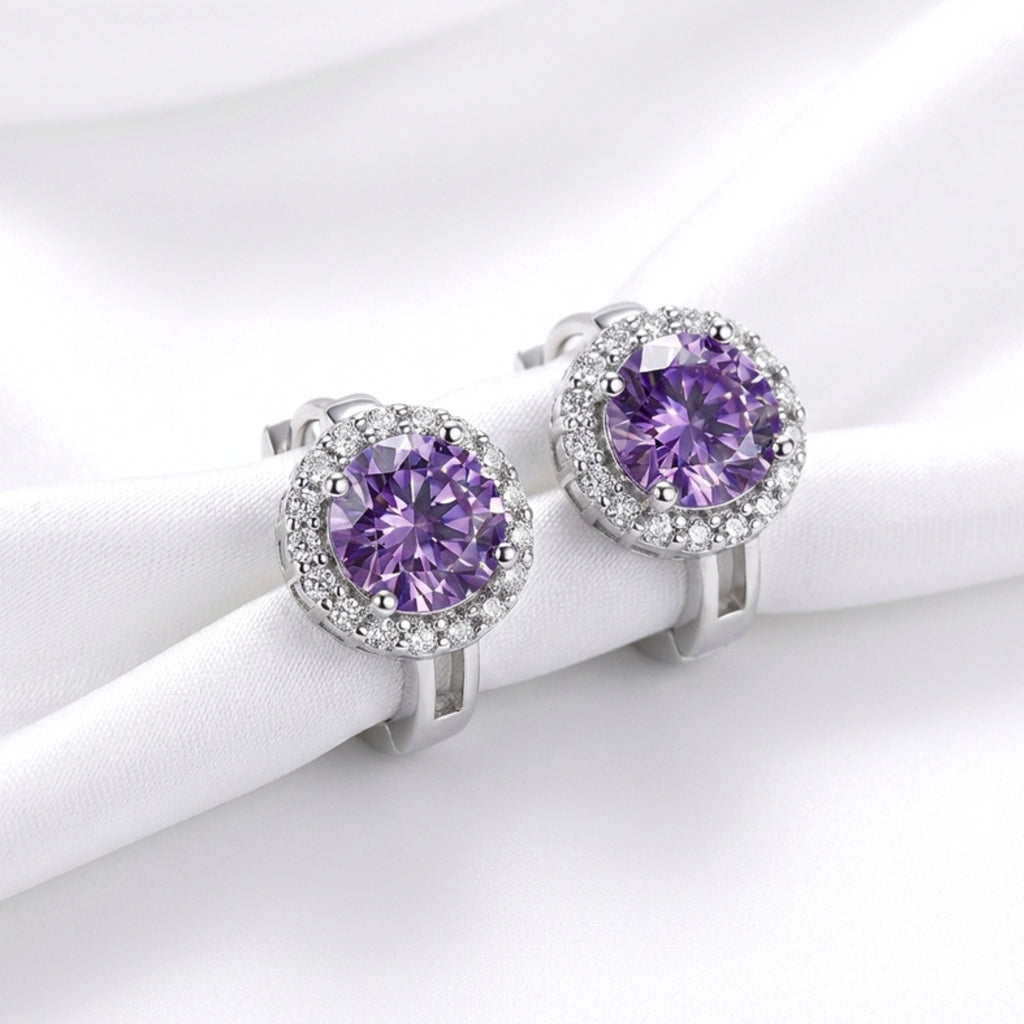 February Round Cut Birthstone Halo Huggie Earrings - Sterling Silver with Amethyst-Tone Moissanite