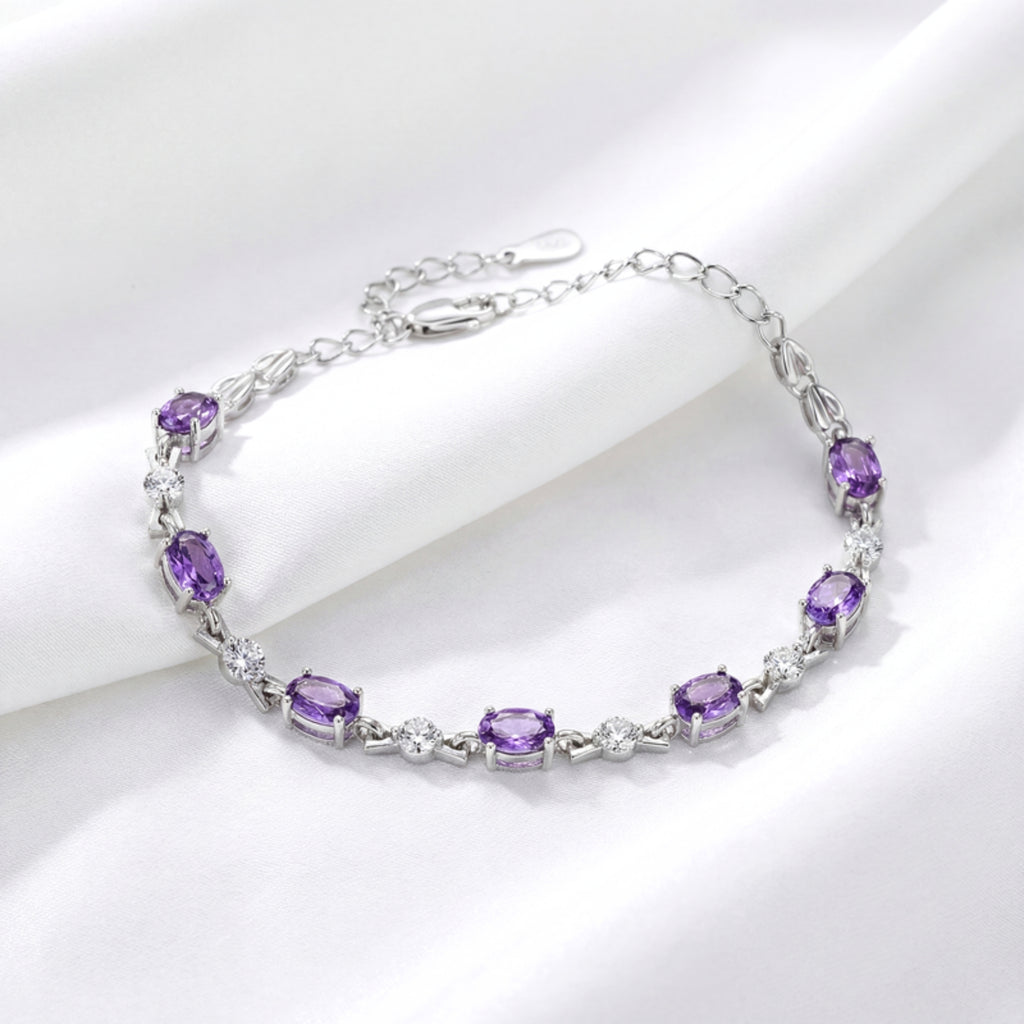 February Oval Cut Birthstone Bracelet - Sterling Silver with Amethyst-Tone Zircon