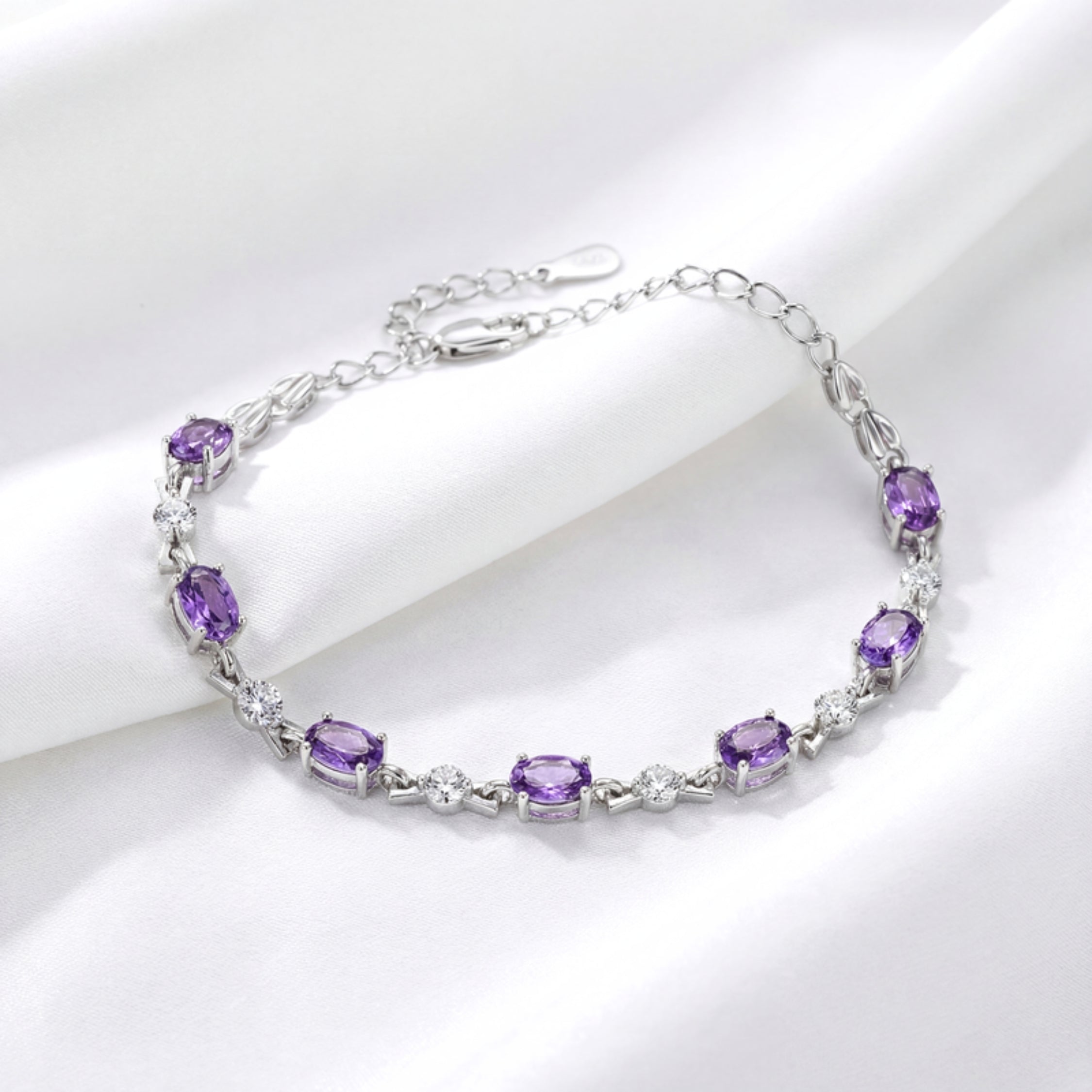 February Oval Cut Birthstone Bracelet - Sterling Silver with Amethyst-Tone Zircon