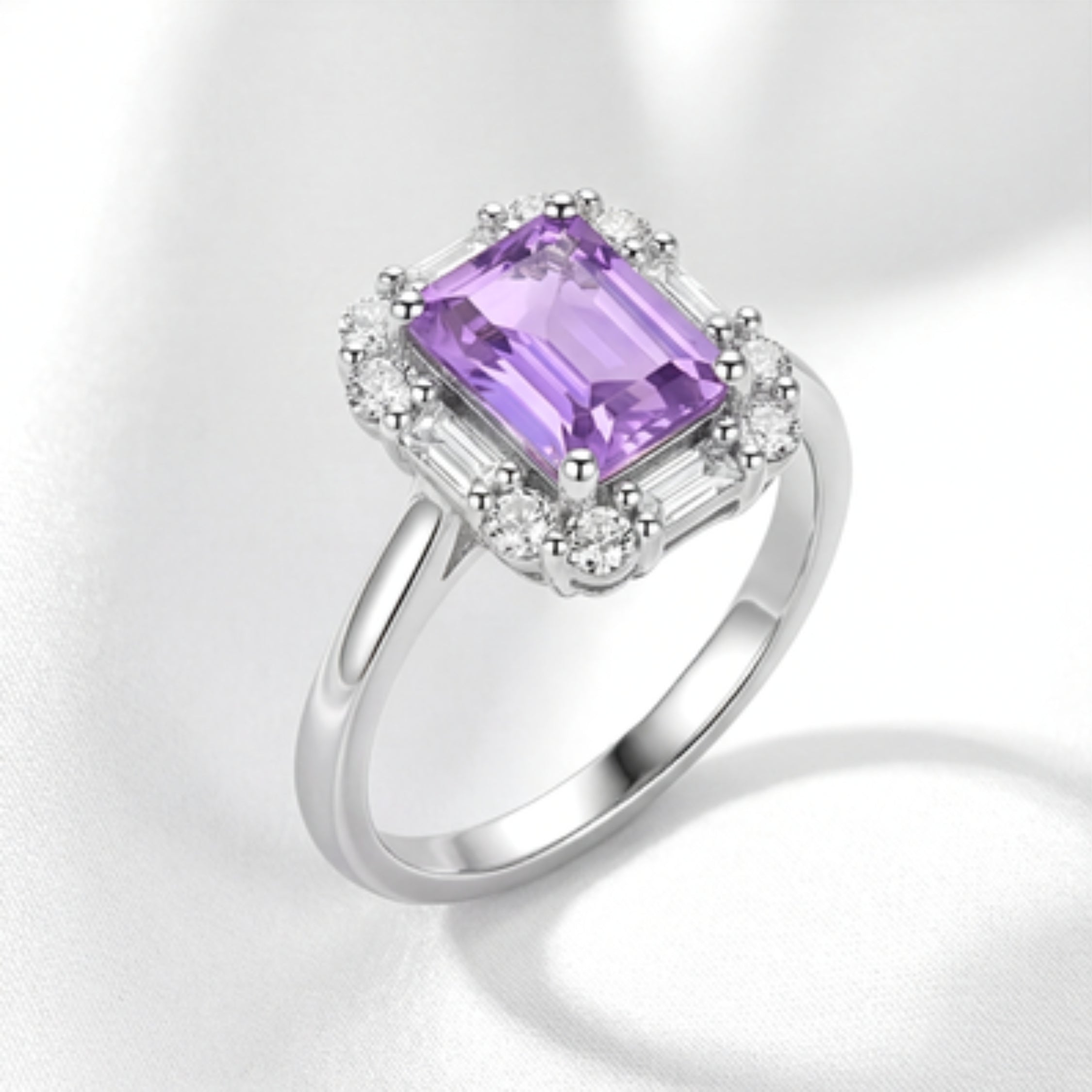 February Emerald Cut Birthstone Halo Ring - Sterling Silver with Amethyst-Tone Zircon