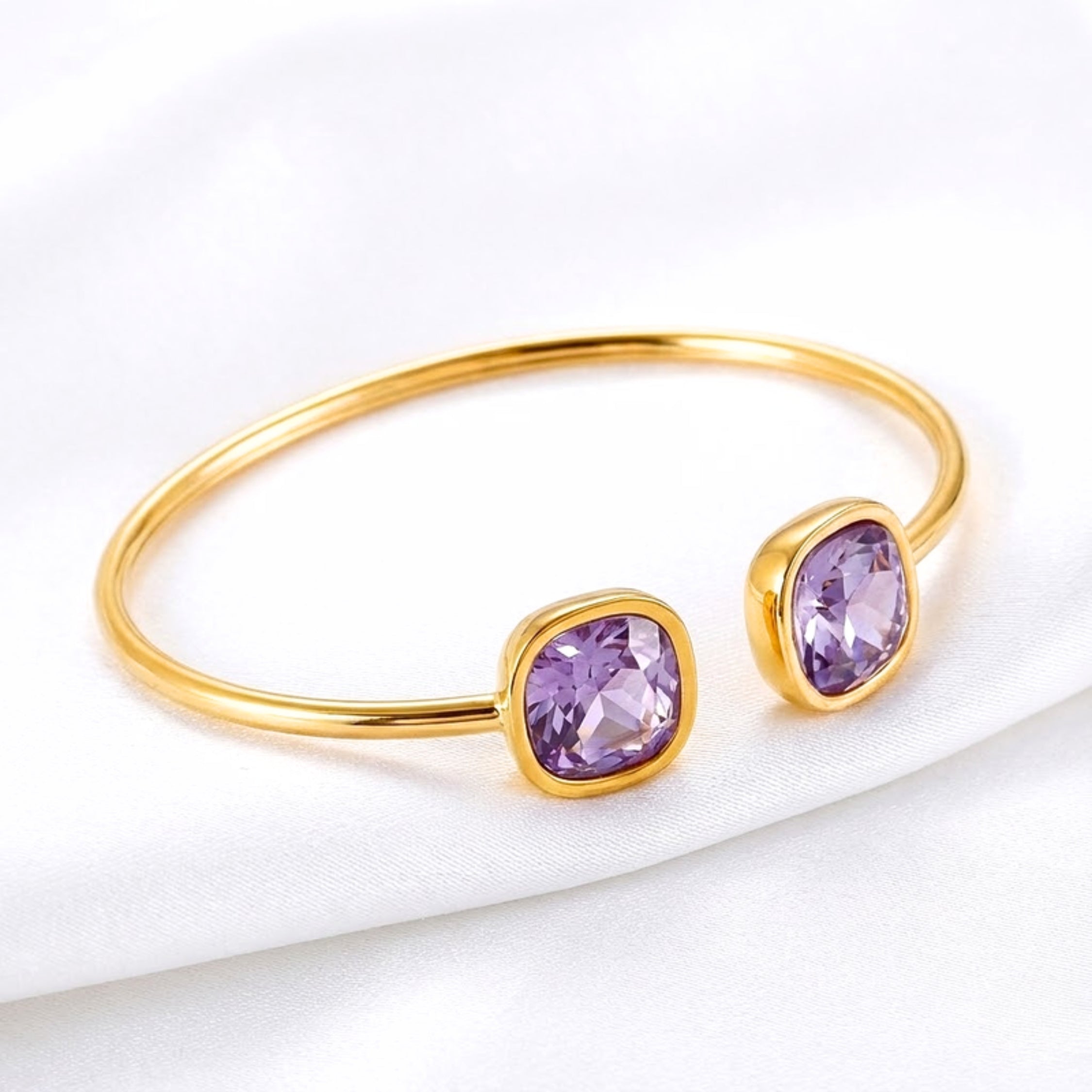 February Cushion Cut Birthstone Open Bangle - Gold PVD Stainless Steel with Amethyst-Tone Zircon
