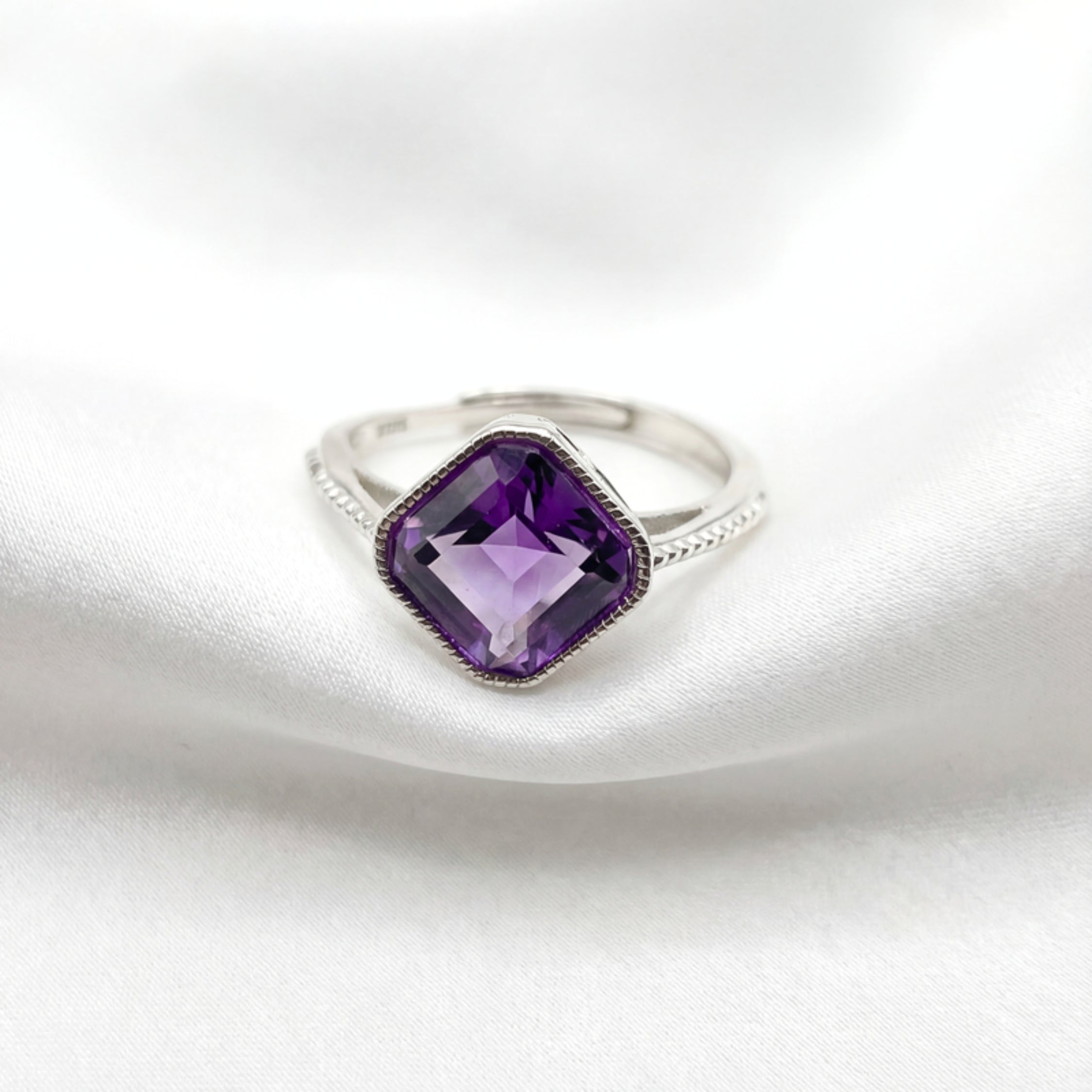 February Cushion Cut Birthstone Adjustable Ring - Sterling Silver with Amethyst-Tone Zircon