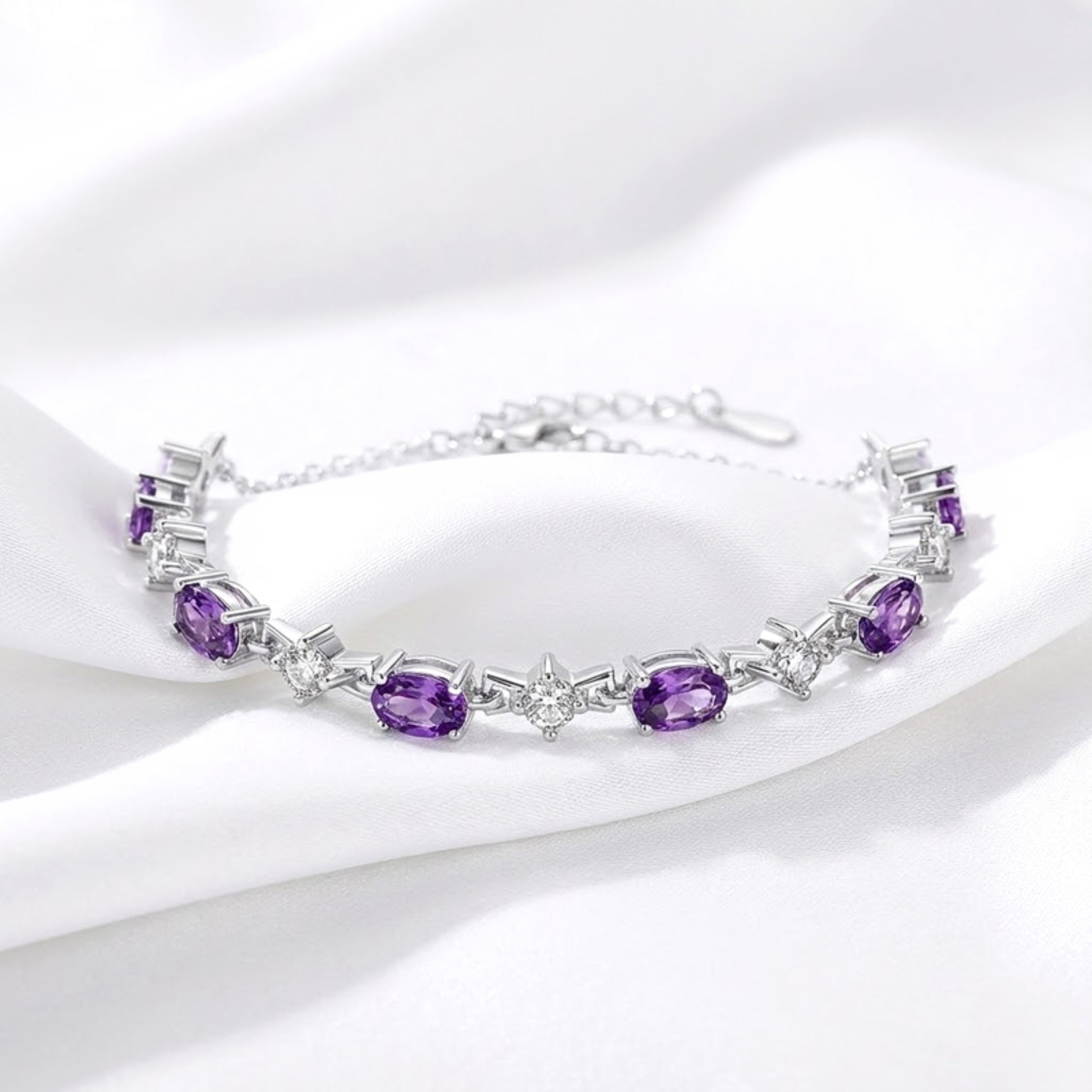 February Oval Cut Birthstone Star Link Bracelet - Sterling Silver with Amethyst-Tone Zircon