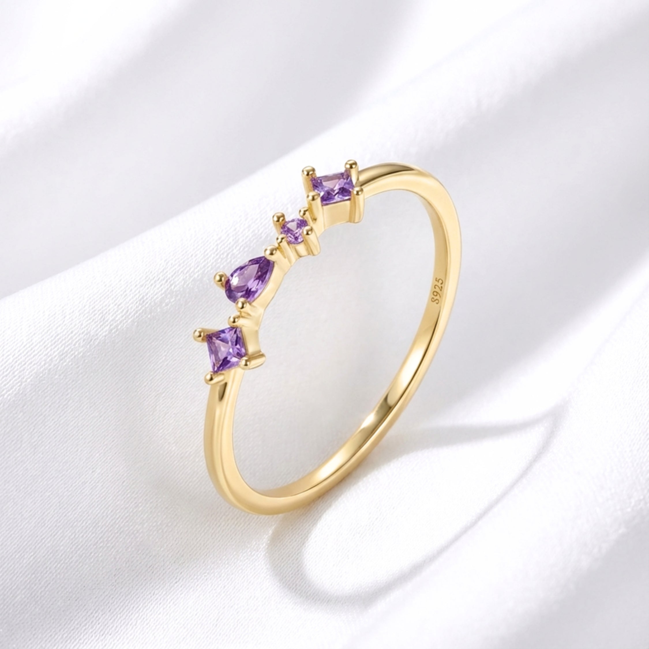 February Birthstone Cluster Ring - Gold Plated Sterling Silver with Amethyst-Tone Zircon