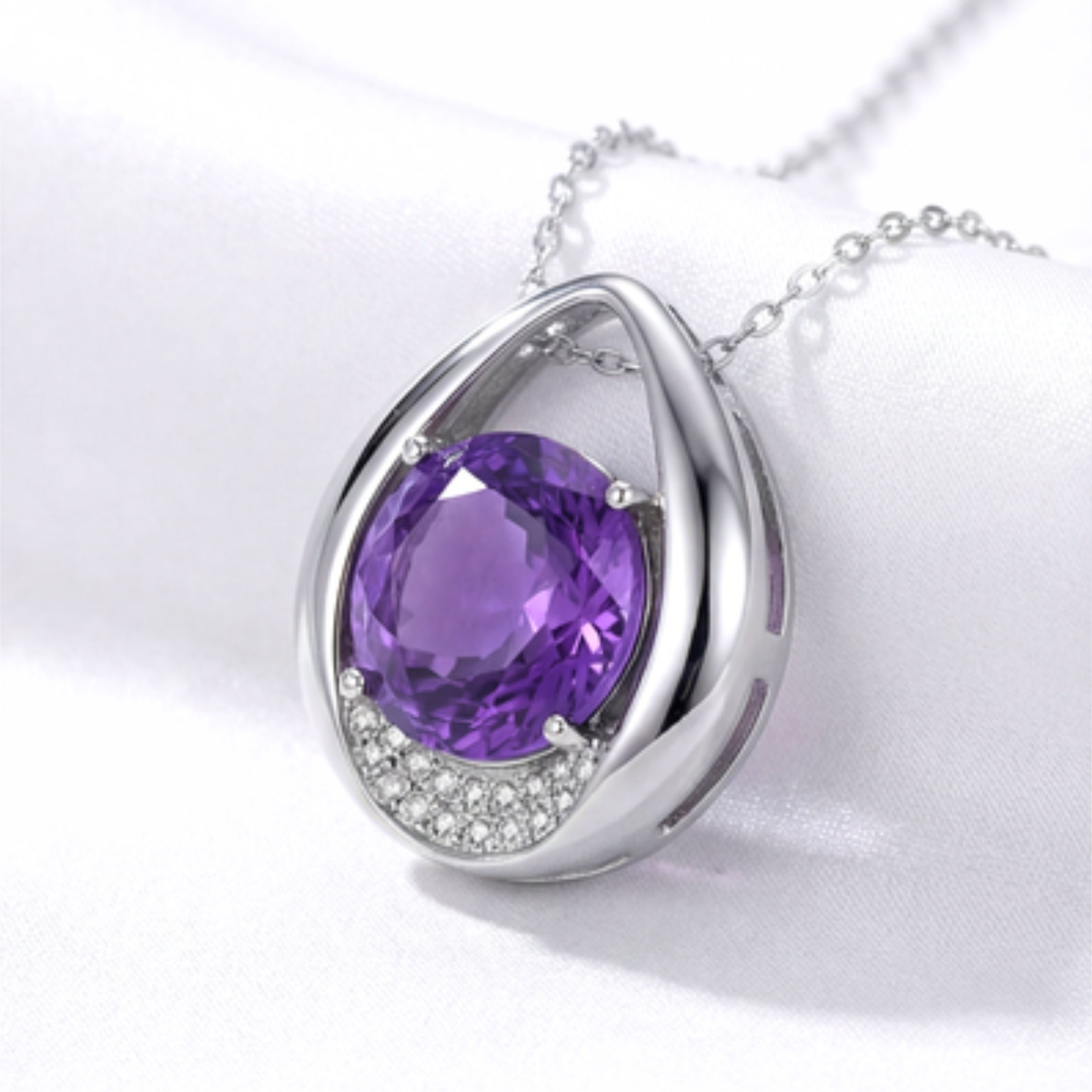 February Round Cut Birthstone Teardrop Pendant Necklace - Sterling Silver with Amethyst-Tone Zircon