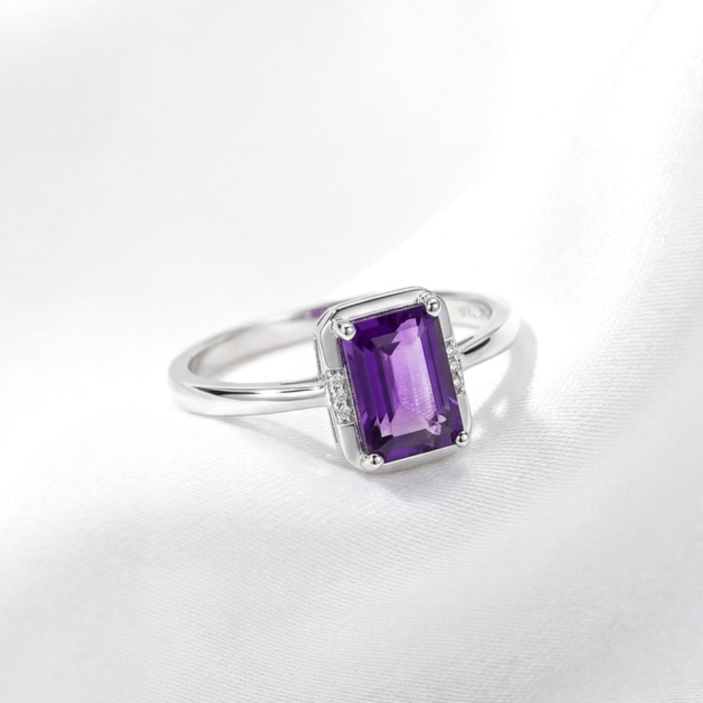 February Emerald Cut Birthstone Adjustable Ring - Sterling Silver with Amethyst-Tone Zircon