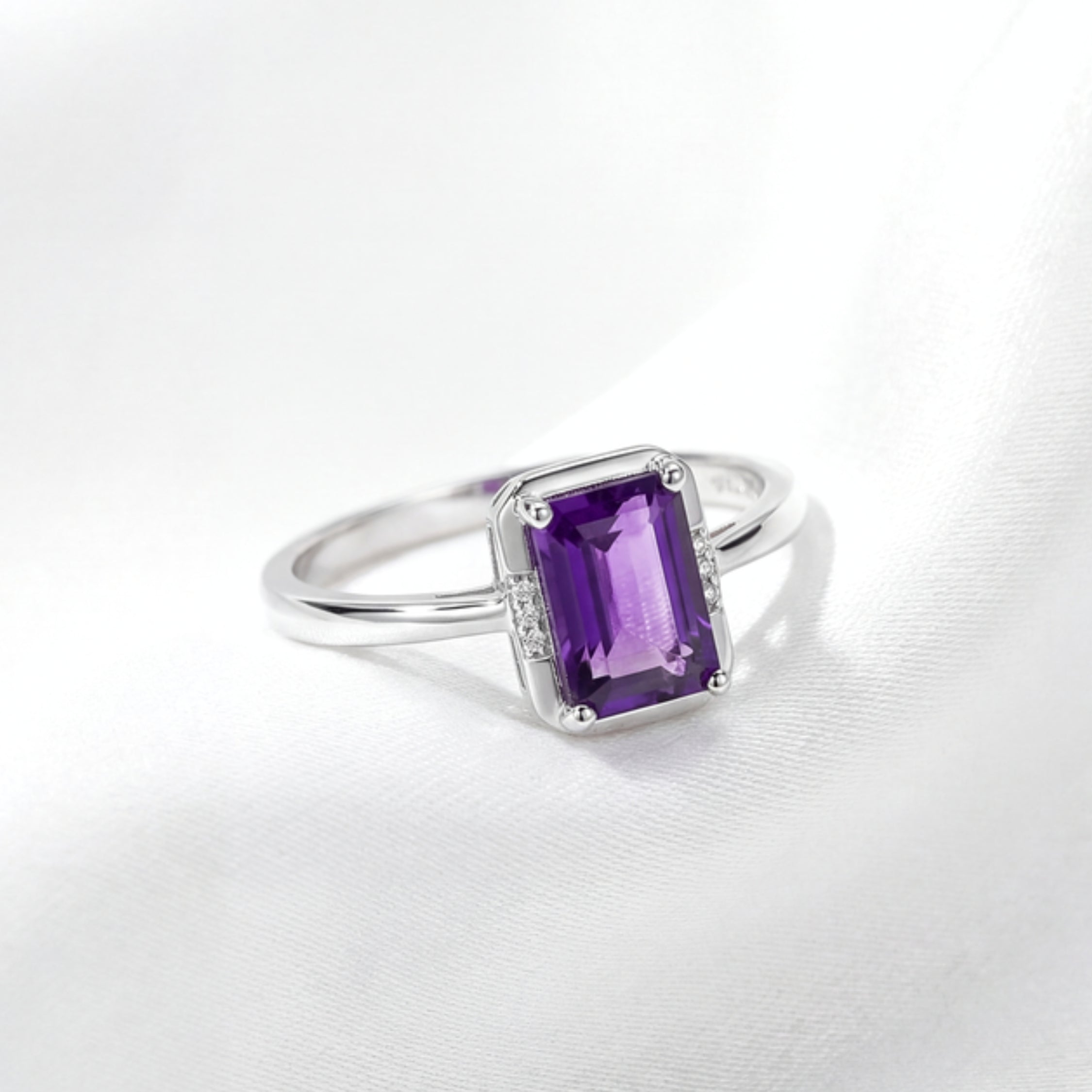 February Emerald Cut Birthstone Adjustable Ring - Sterling Silver with Amethyst-Tone Zircon