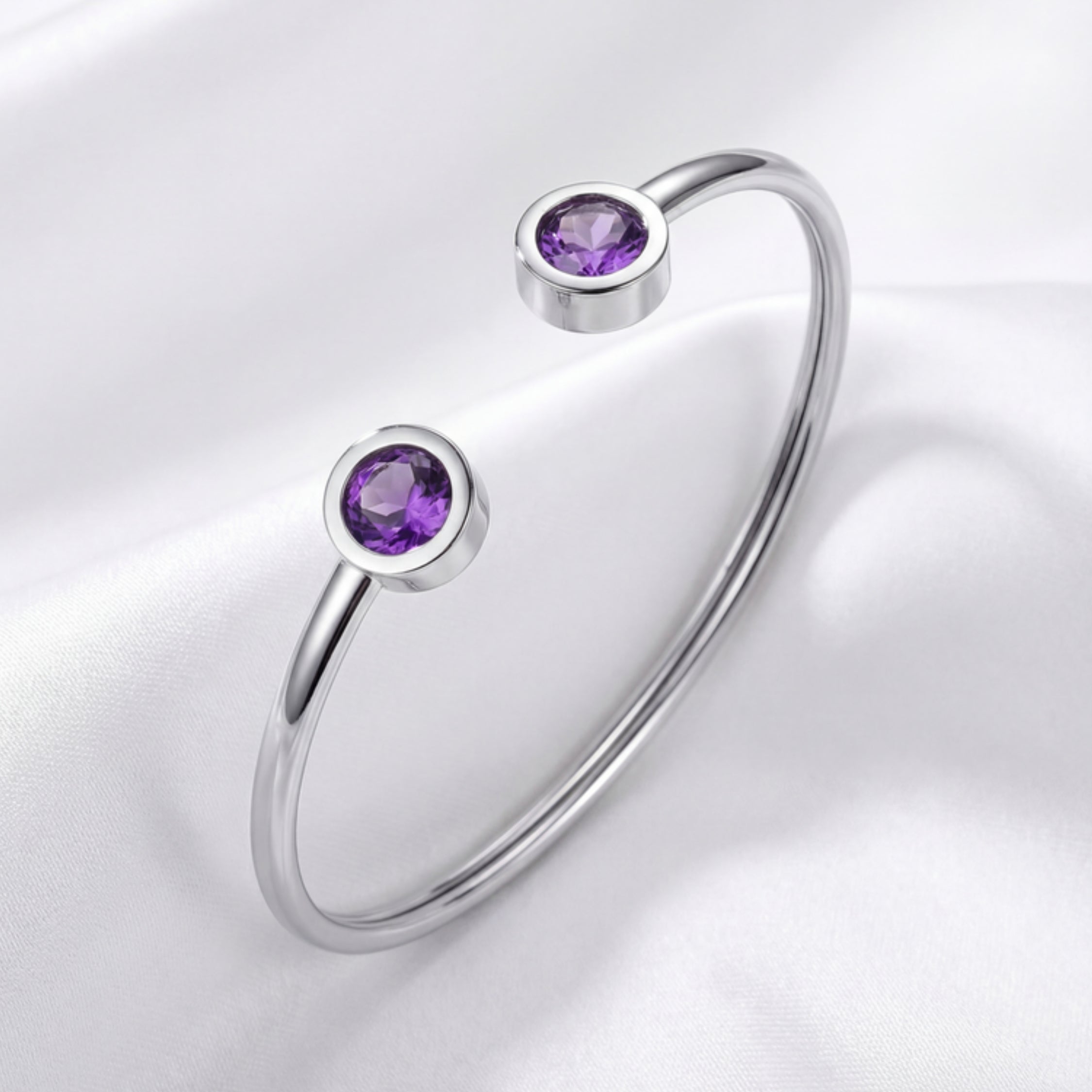 February Birthstone Open Cuff Bangle Bracelet - Gold PVD Stainless Steel with Amethyst-Tone Zircon