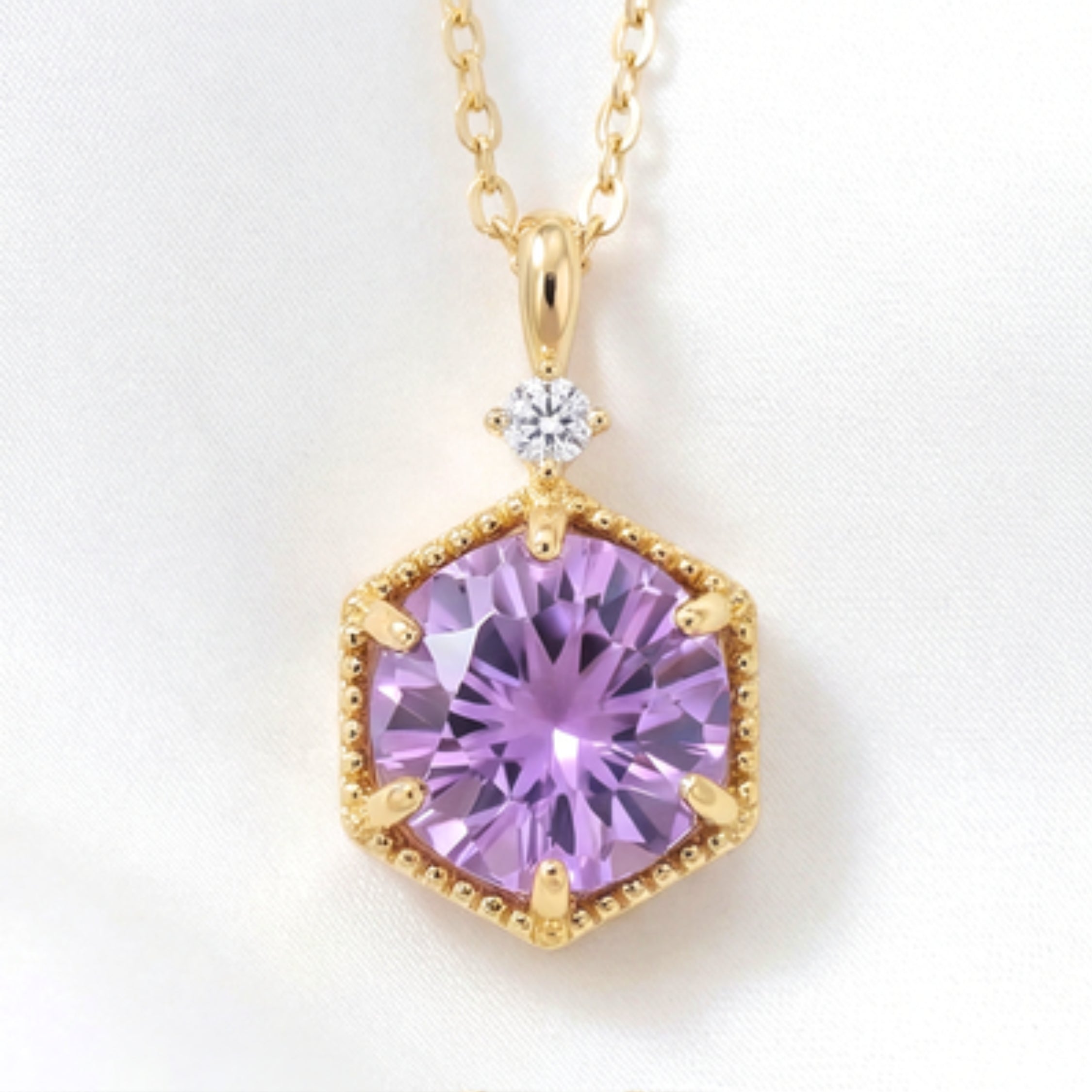 February Hexagon Birthstone Pendant Necklace - Gold Plated Sterling Silver with Amethyst-Tone Zircon
