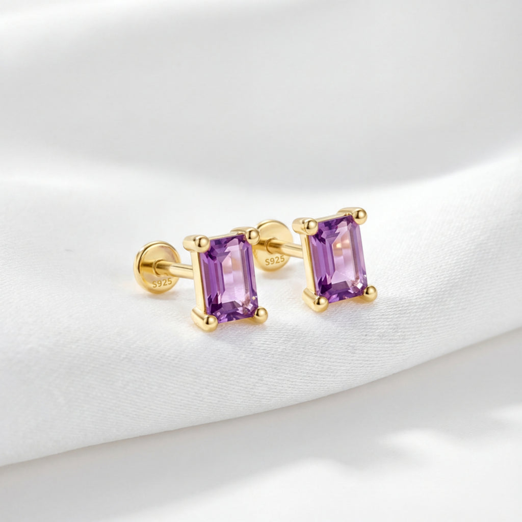 February Emerald Cut Birthstone Stud Earrings - Gold Plated Sterling Silver with Amethyst-Tone Zircon