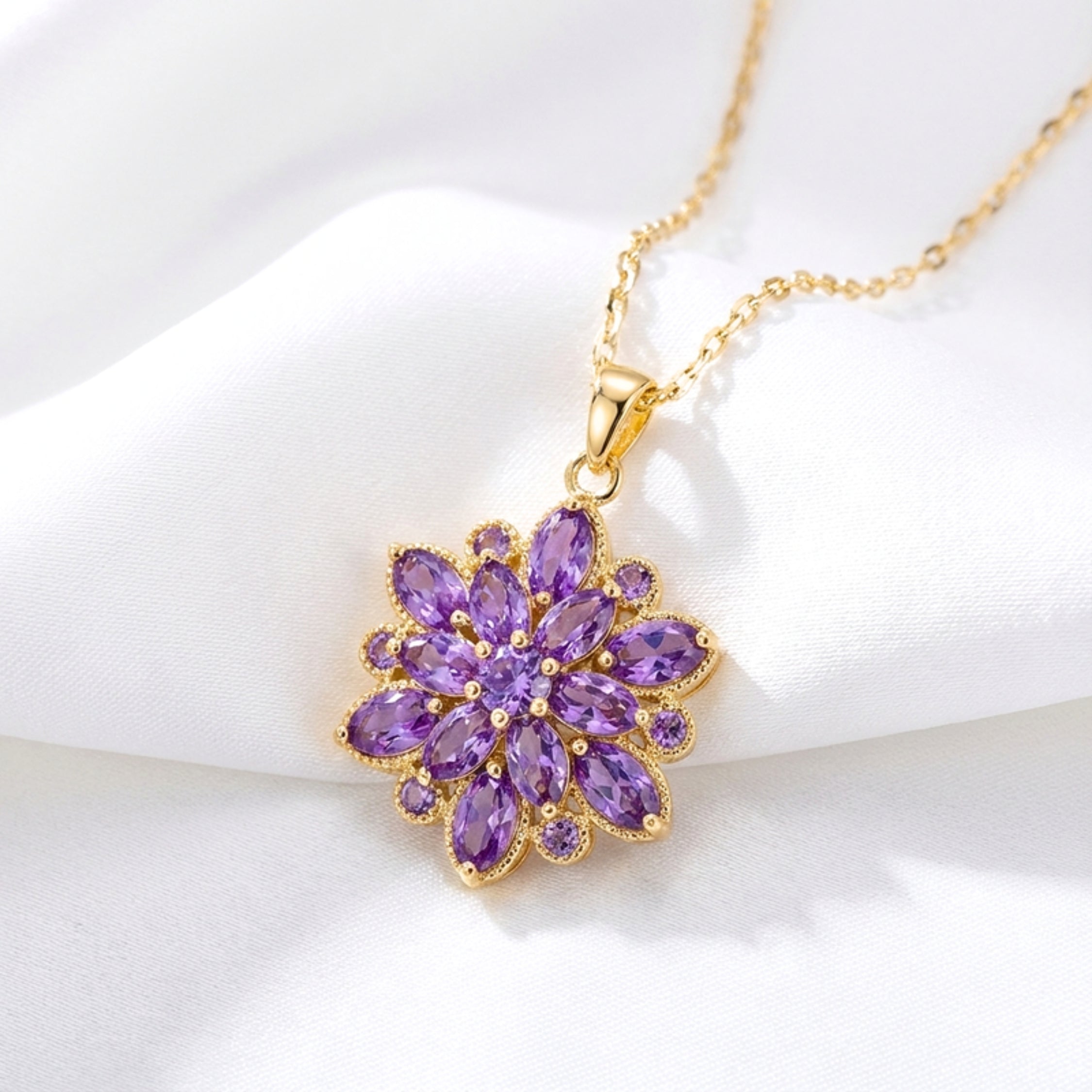 February Marquise Cut Birthstone Flower Pendant Necklace - Gold PVD Stainless Steel with Amethyst-Tone Zircon