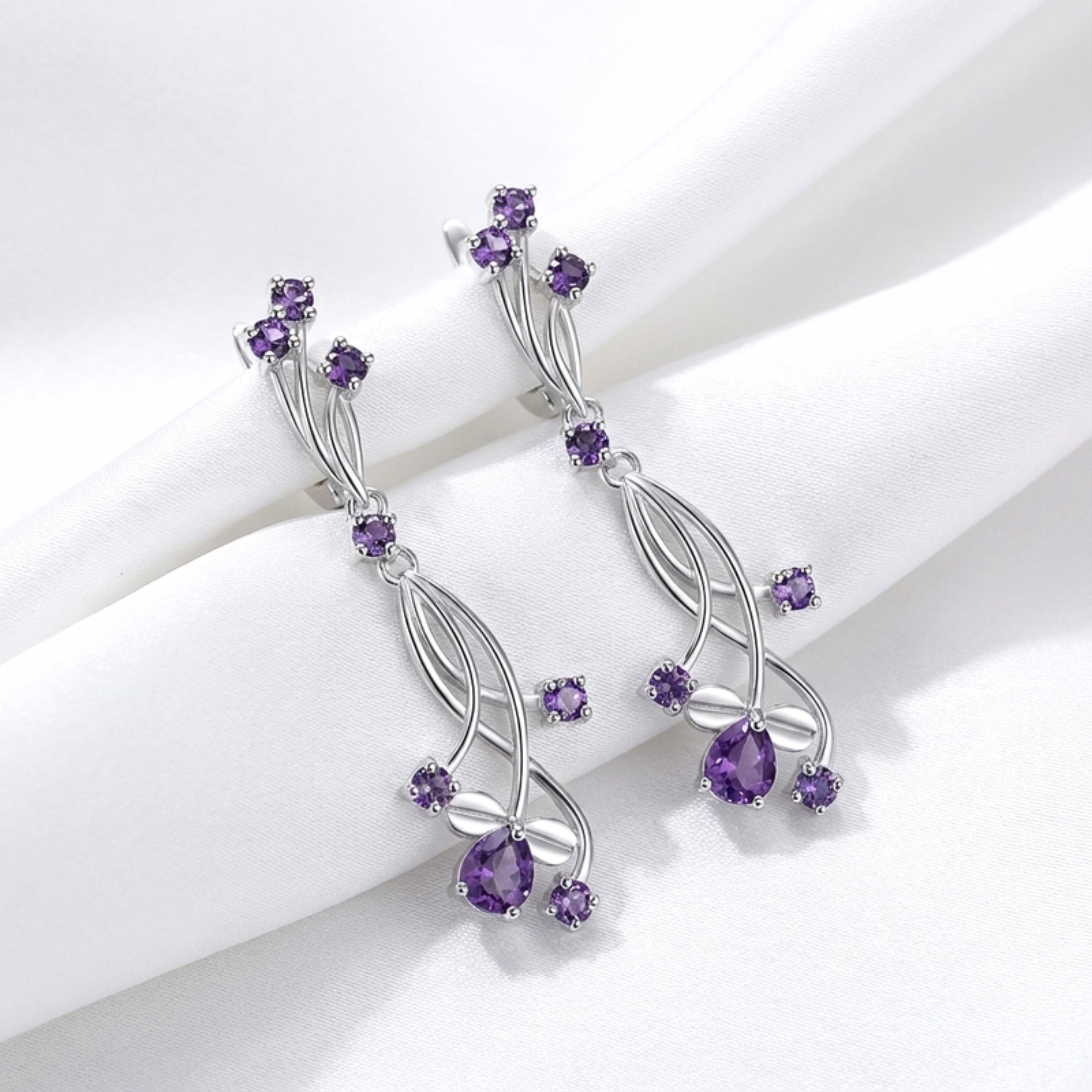 February Birthstone Floral Vine Drop Earrings - Sterling Silver with Amethyst-Tone Zircon