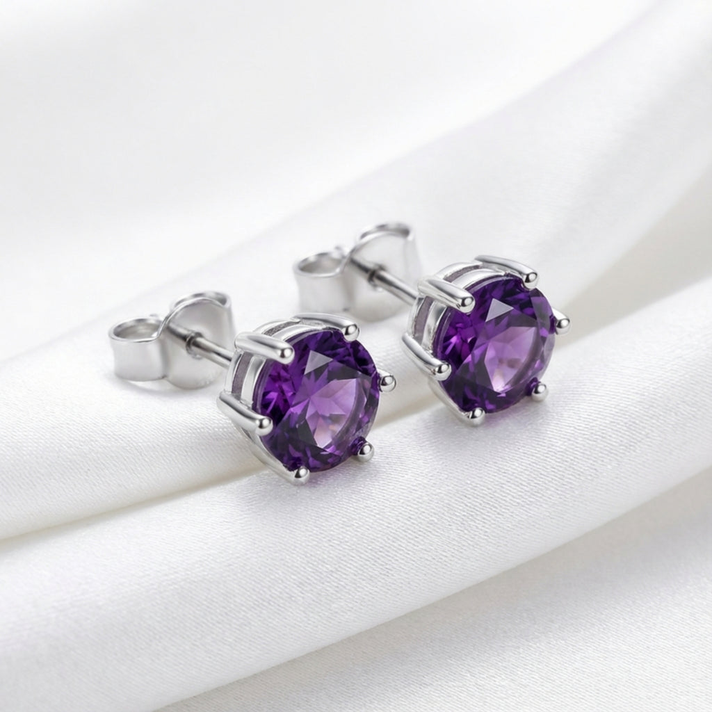 February Round Cut Birthstone Solitaire Stud Earrings - Sterling Silver with Amethyst-Tone Zircon