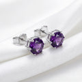 February Round Cut Birthstone Solitaire Stud Earrings - Sterling Silver with Amethyst-Tone Zircon