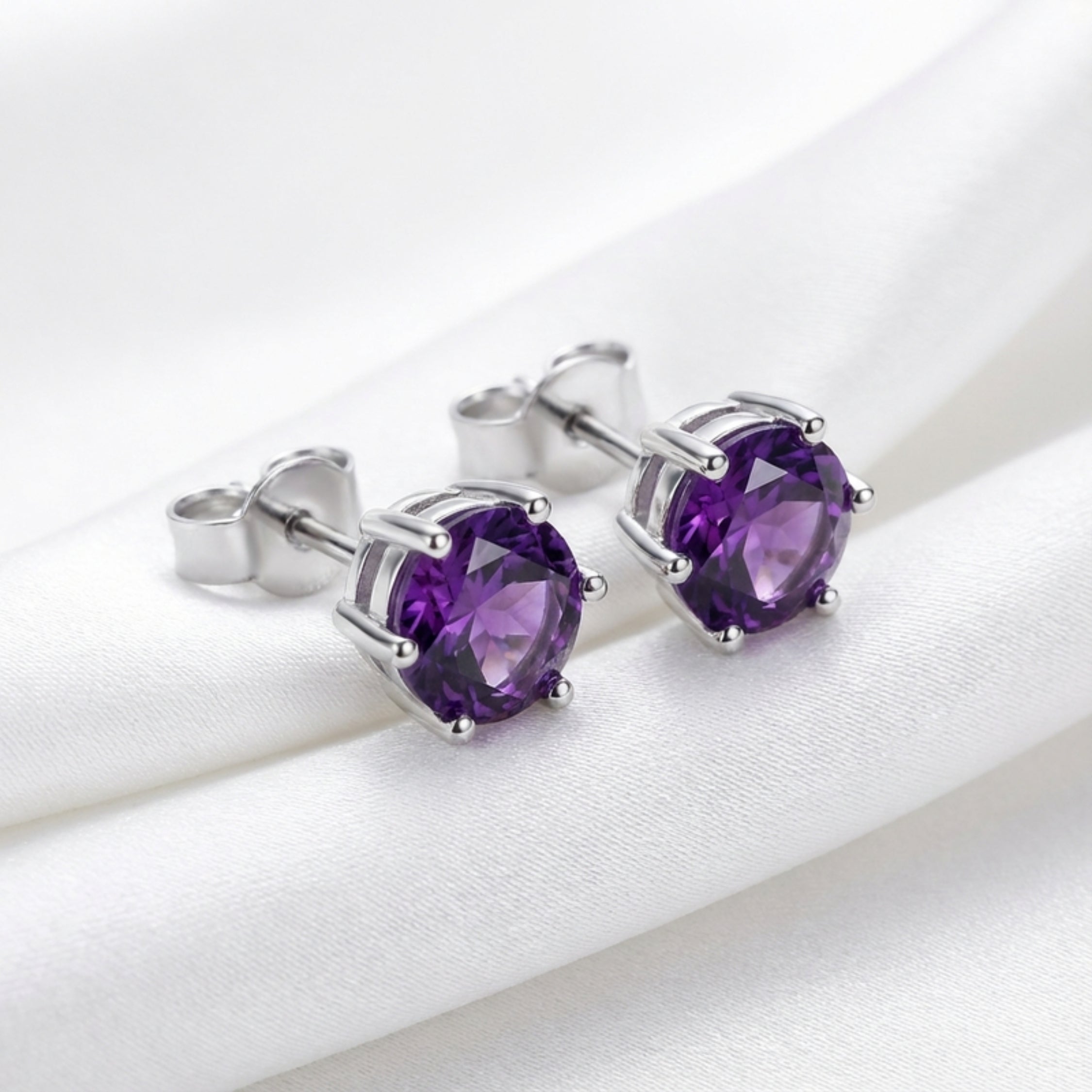 February Round Cut Birthstone Solitaire Stud Earrings - Sterling Silver with Amethyst-Tone Zircon