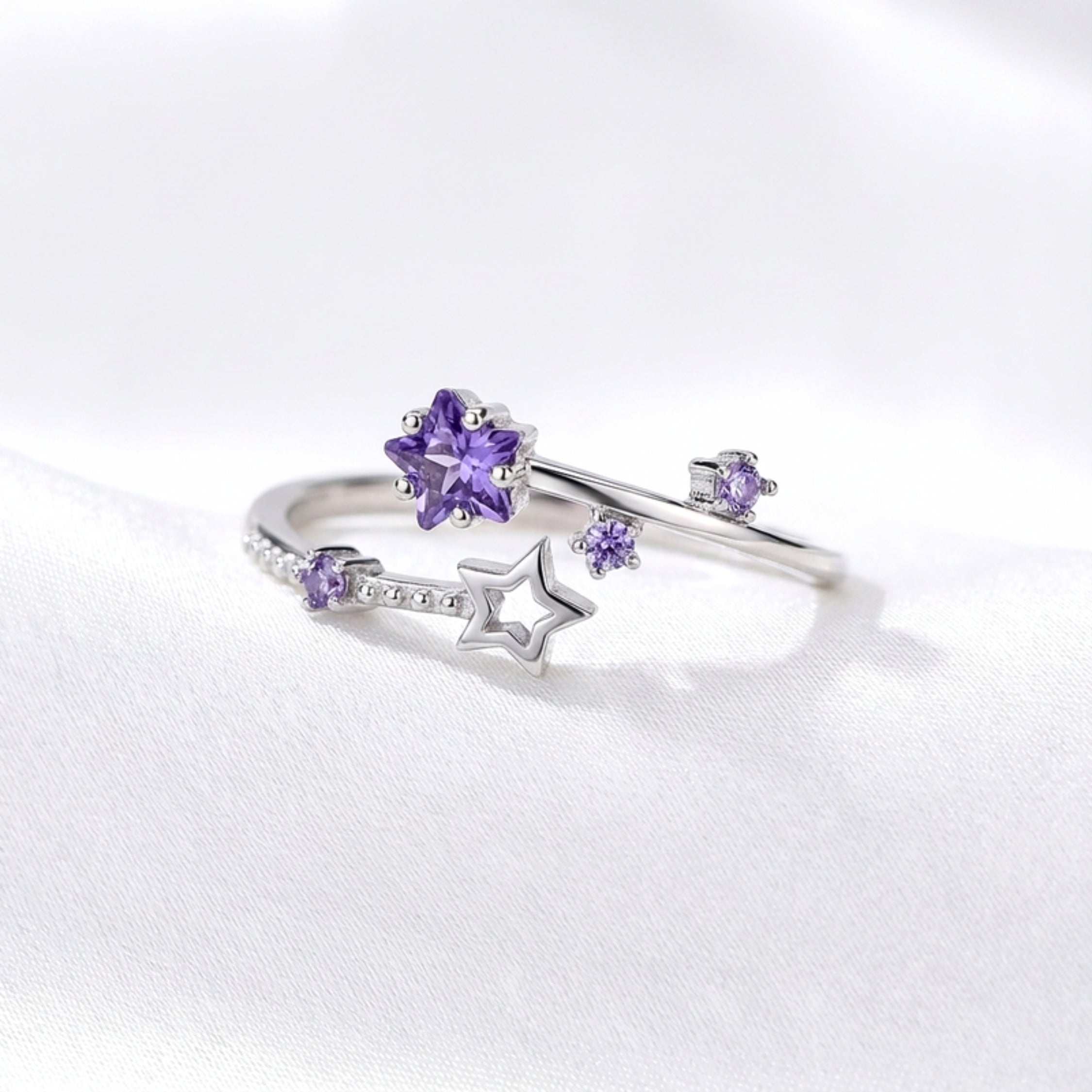 February Star Cut Birthstone Adjustable Ring - Sterling Silver with Amethyst-Tone Zircon