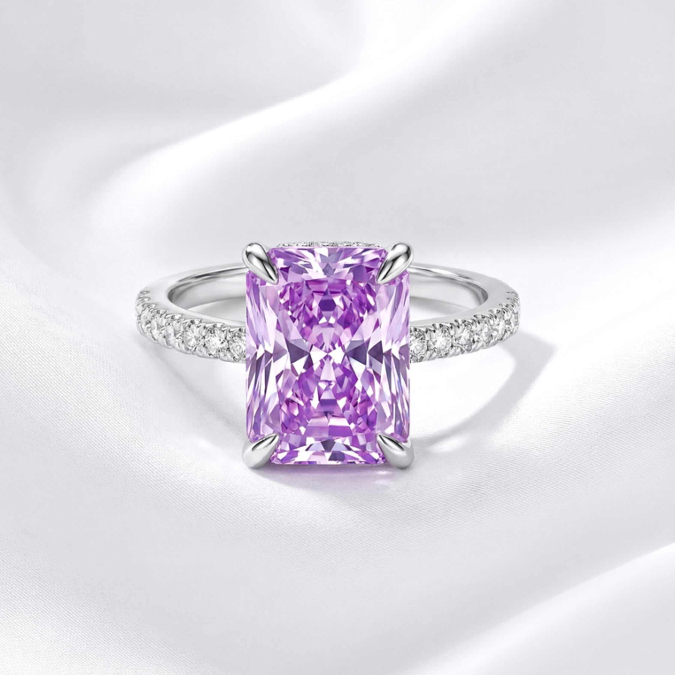 February Radiant Cut Birthstone Pavé Ring - Sterling Silver with Amethyst-Tone Zircon
