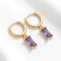 February Emerald Cut Birthstone Huggie Drop Earrings - Sterling Silver with Amethyst-Tone Zircon