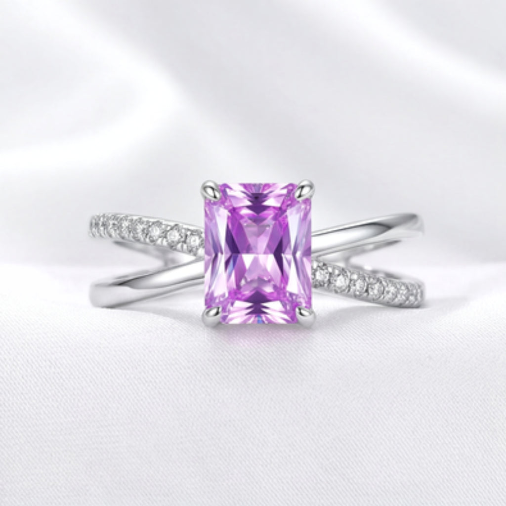 February Birthstone Emerald Cut Ring - Sterling Silver With Amethyst-Tone Zircon