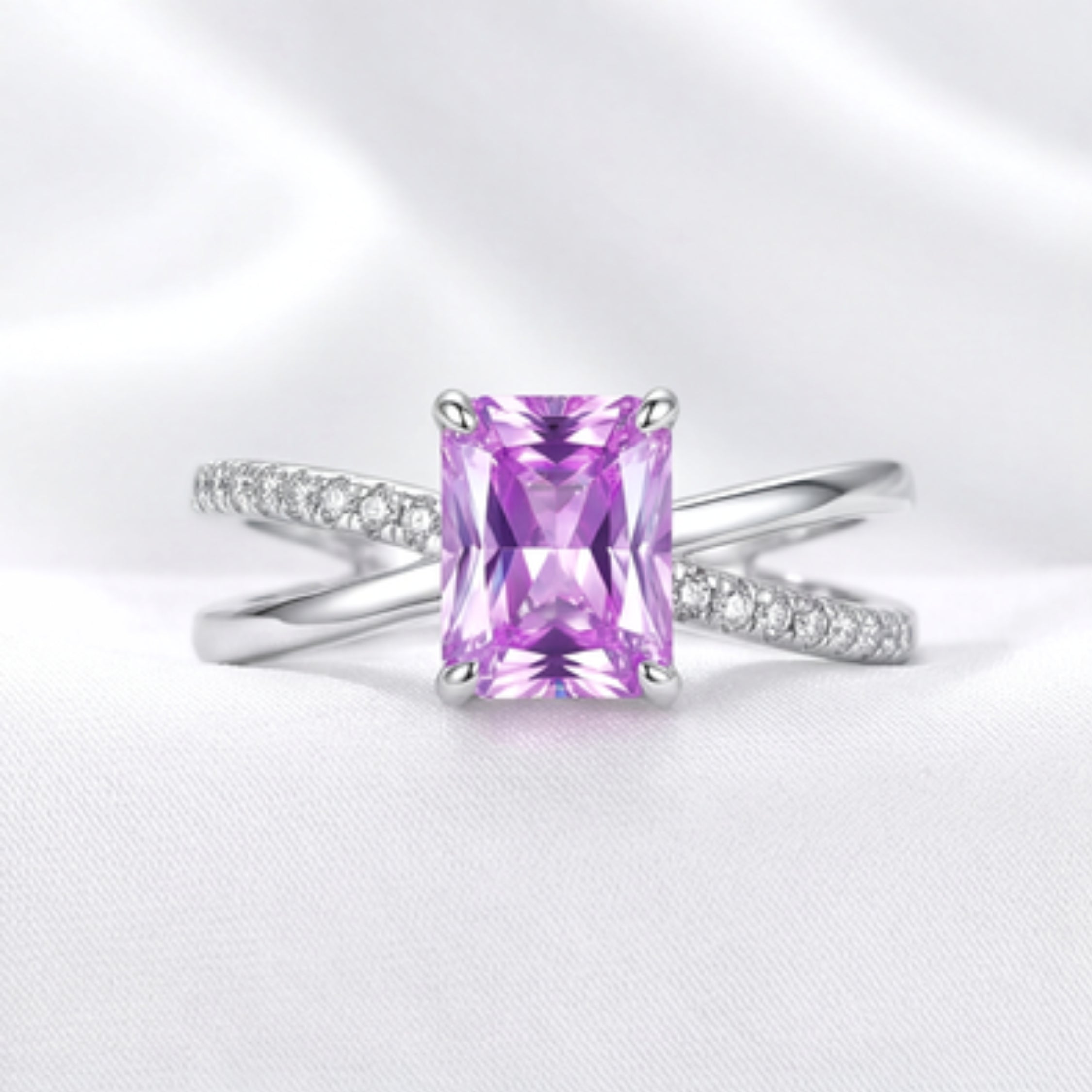 February Birthstone Emerald Cut Ring - Sterling Silver With Amethyst-Tone Zircon