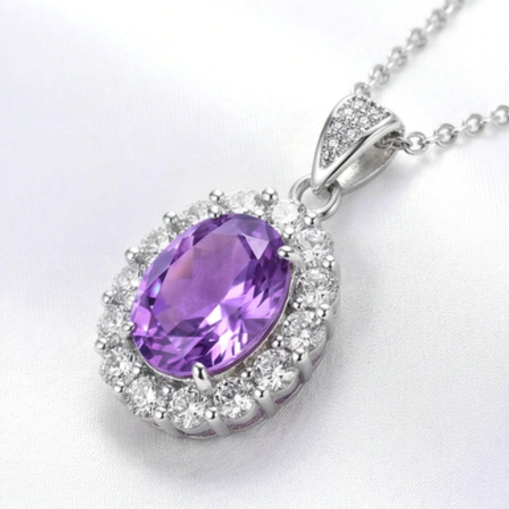 Oval Cut Birthstone Halo Pendant Necklace - Sterling Silver with Zircon