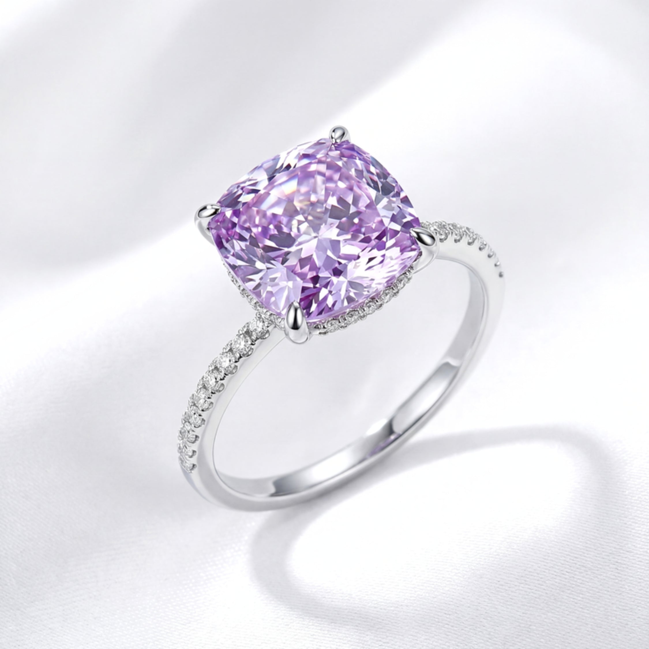 February Birthstone Cushion Cut Eternity Ring - Sterling Silver Amethyst Tone Zircon