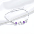 February Four-Leaf Clover Birthstone Bracelet - Sterling Silver with Amethyst-Tone Zircon