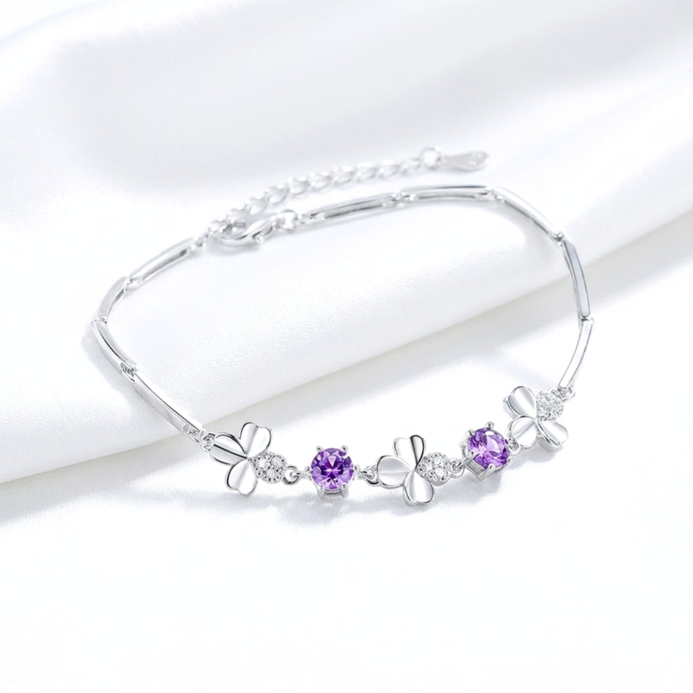 February Four-Leaf Clover Birthstone Bracelet - Sterling Silver with Amethyst-Tone Zircon