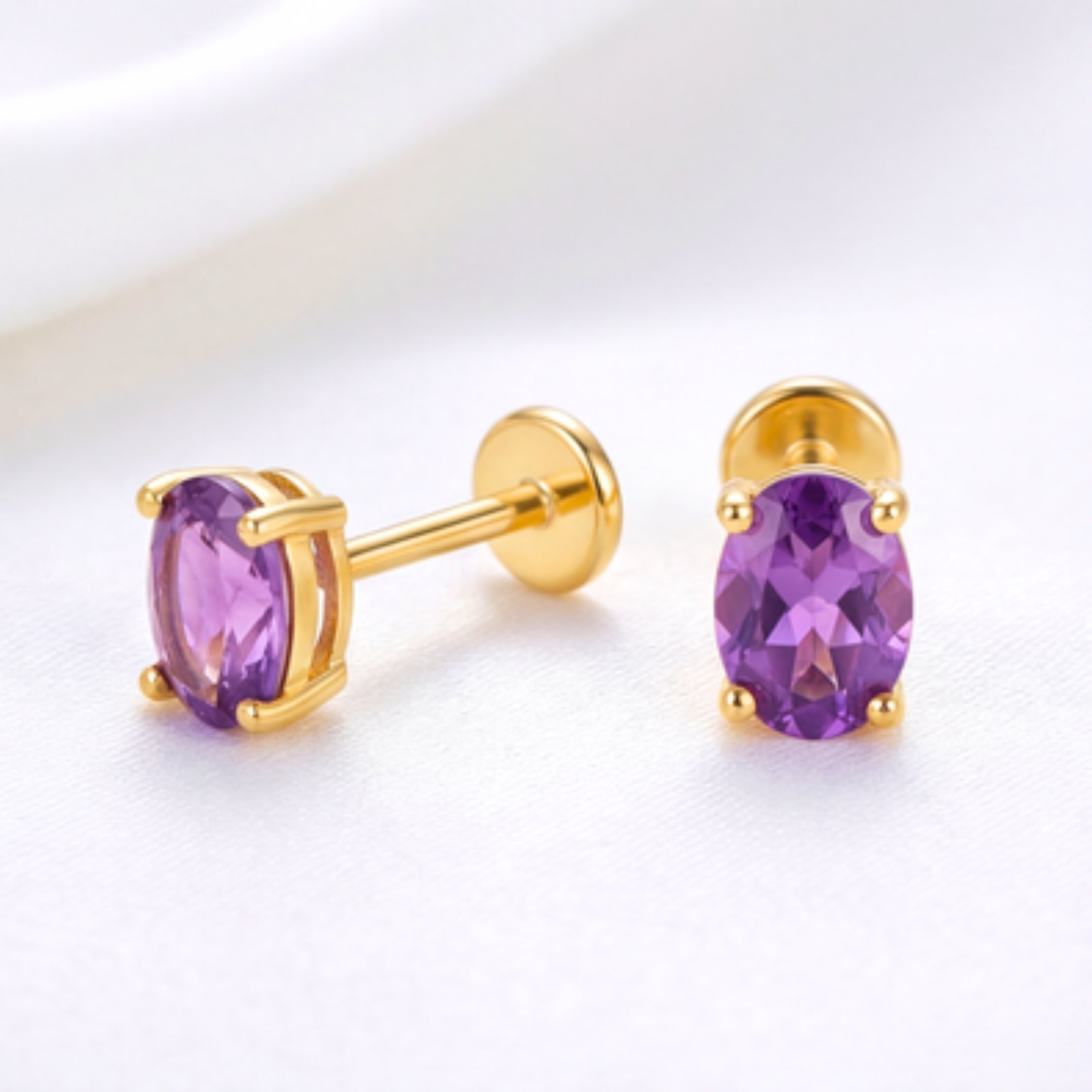 February Oval Cut Birthstone Stud Earrings - Gold Plated Sterling Silver with Amethyst-Tone Zircon